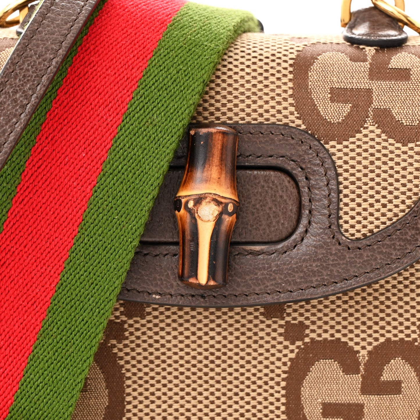 Monogram Jumbo GG Textured Dollar Calfskin Web Mini Bamboo 1947 Top Handle Bag Camel Ebony New Acero