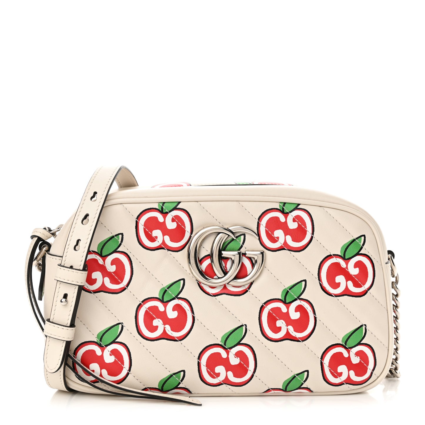 Calfskin Matelasse Diagonal GG Apple Small GG Marmont Chain Shoulder Bag Ivory