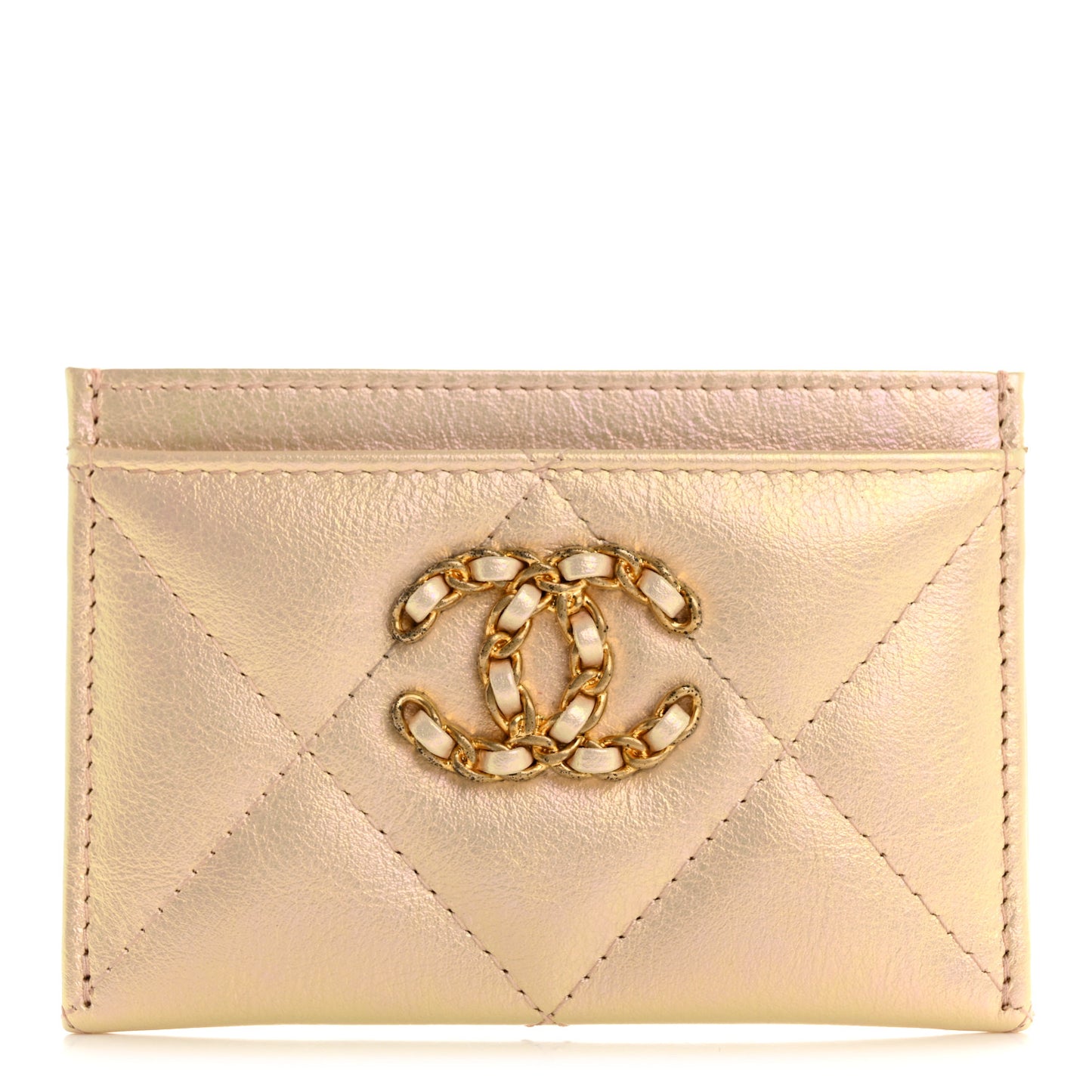 Metallic Goatskin Quilted Chanel 19 Card Holder Gold