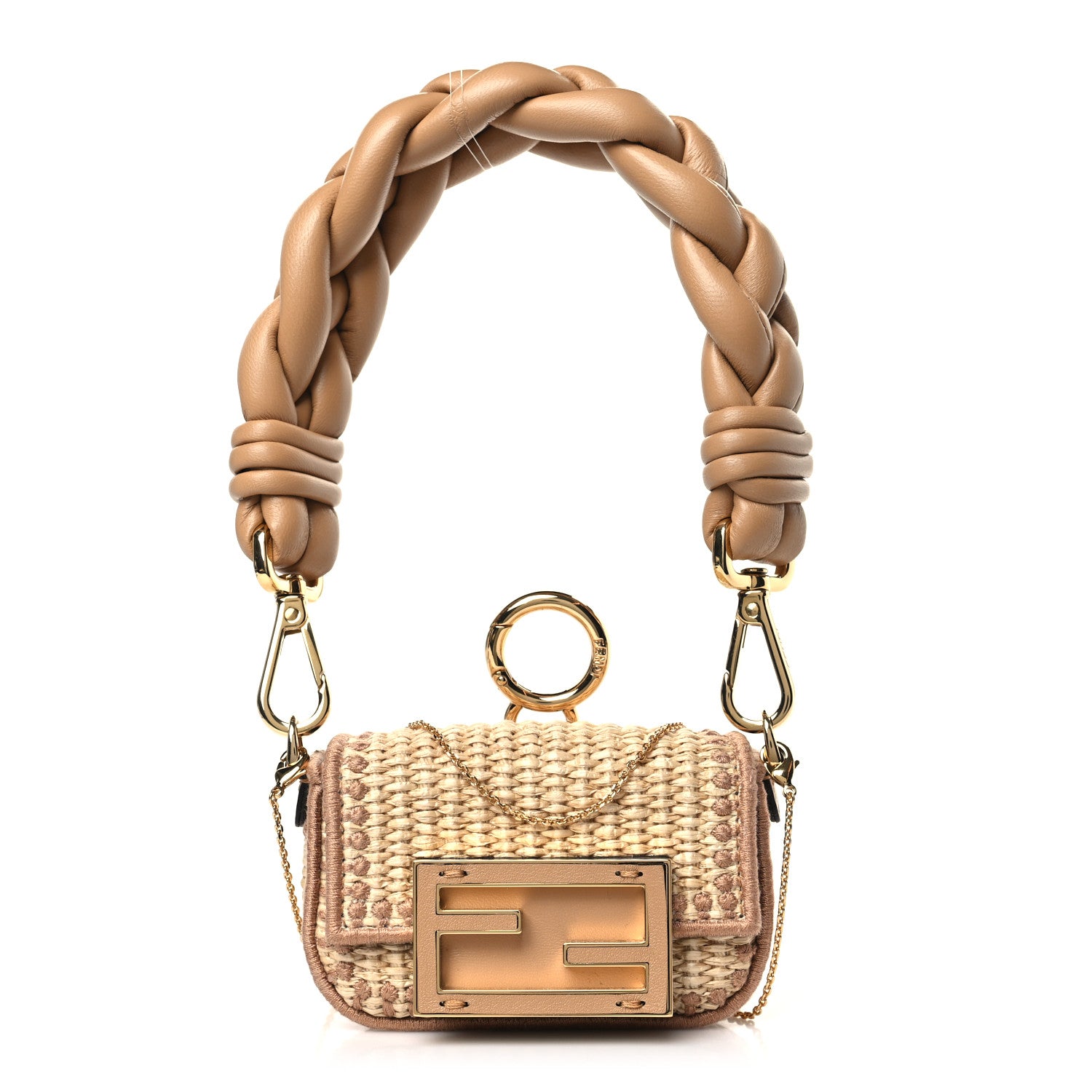 Fendi Straw Shiny Nappa Woven Nano Baguette Maxi Handle Charm