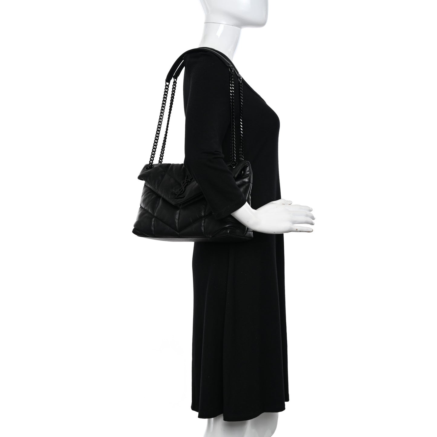 Lambskin Quilted Monogram Monochrome Small Loulou Puffer Chain Satchel Black