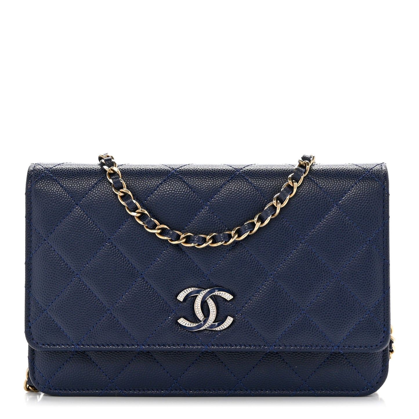 Caviar Quilted Crystal Enamel CC Wallet On Chain WOC Navy