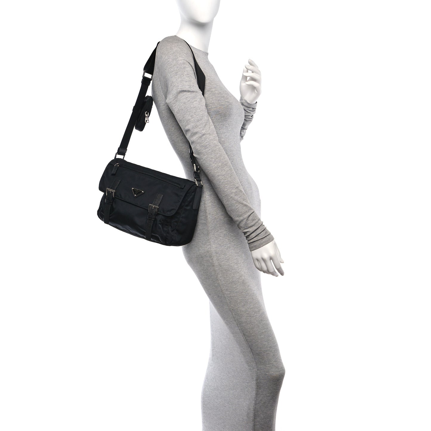 Re-Nylon Vela Saffiano Pocket Double Buckle Messenger Shoulder Bag Black