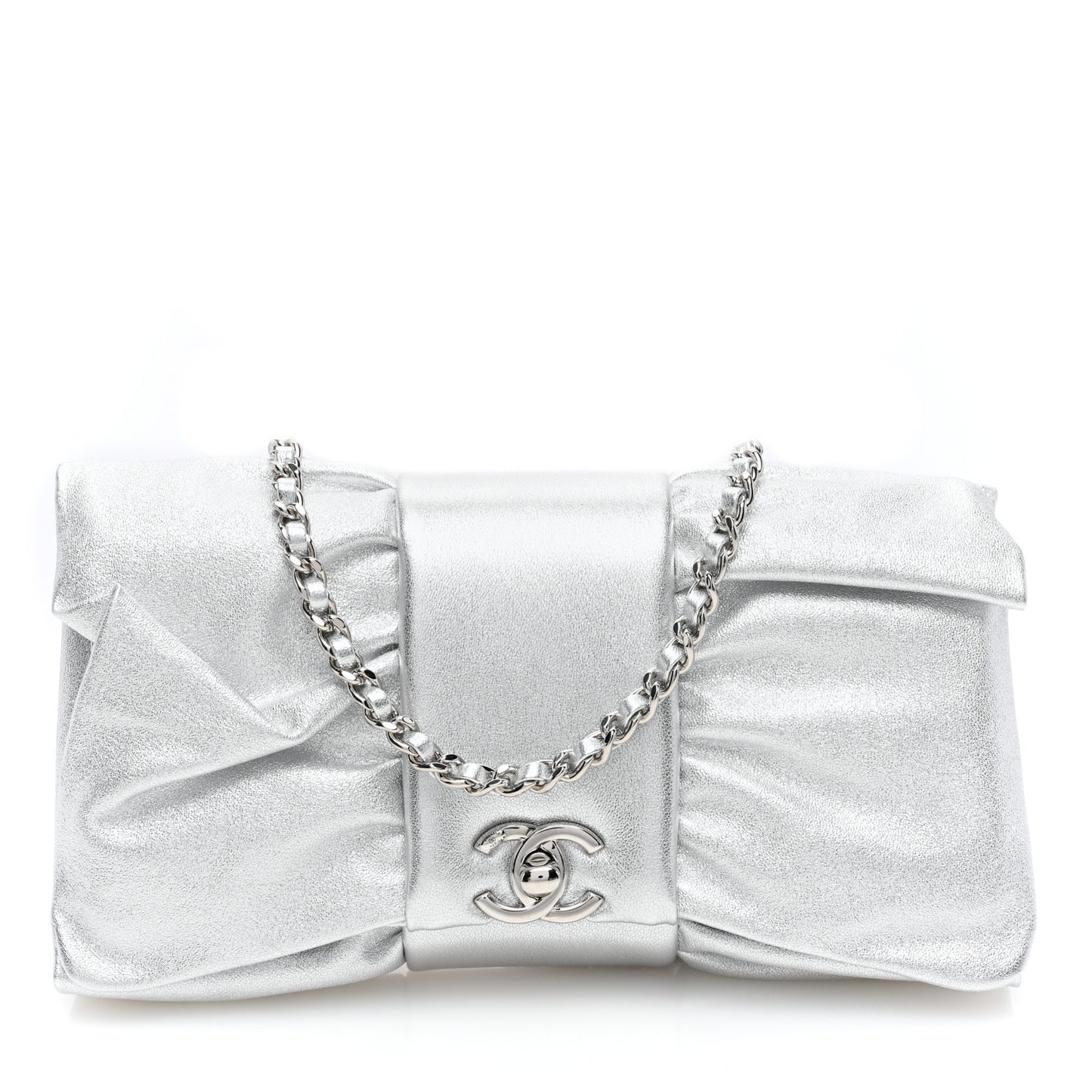 Metallic Lambskin Tie My Bow Flap Clutch With Chain Silver