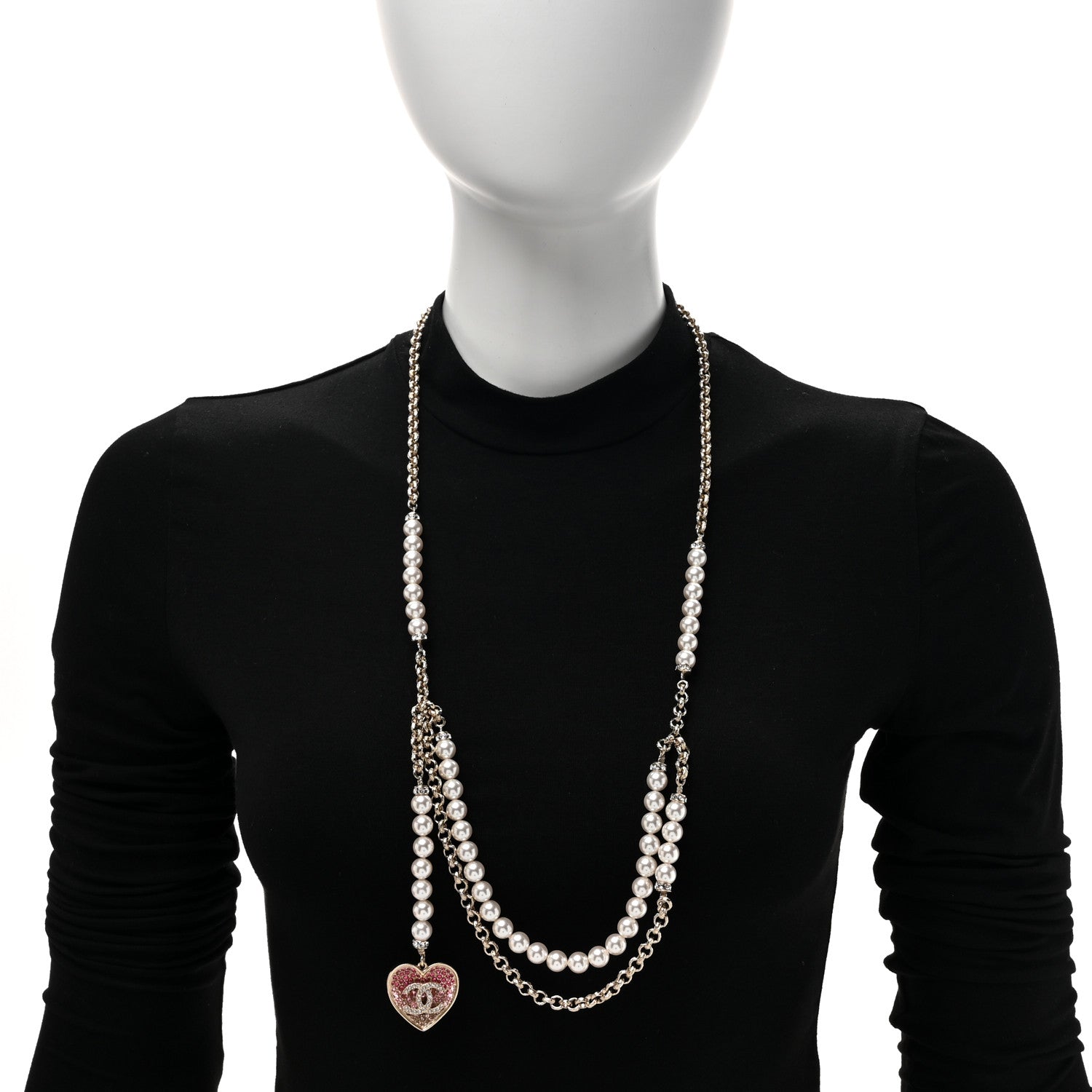 Chanel Pearl Crystal CC Heart Multi Strand Necklace Gold 2 of 5