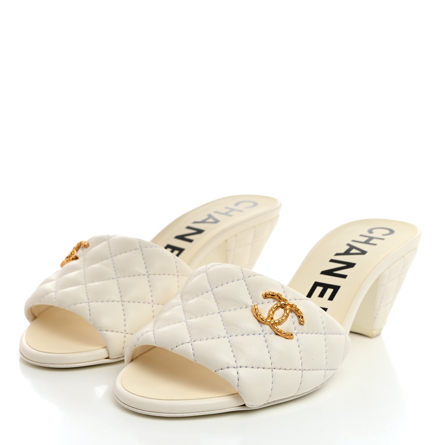Chanel Lambskin Quilted Textured CC Mules 37 White 3 of 9