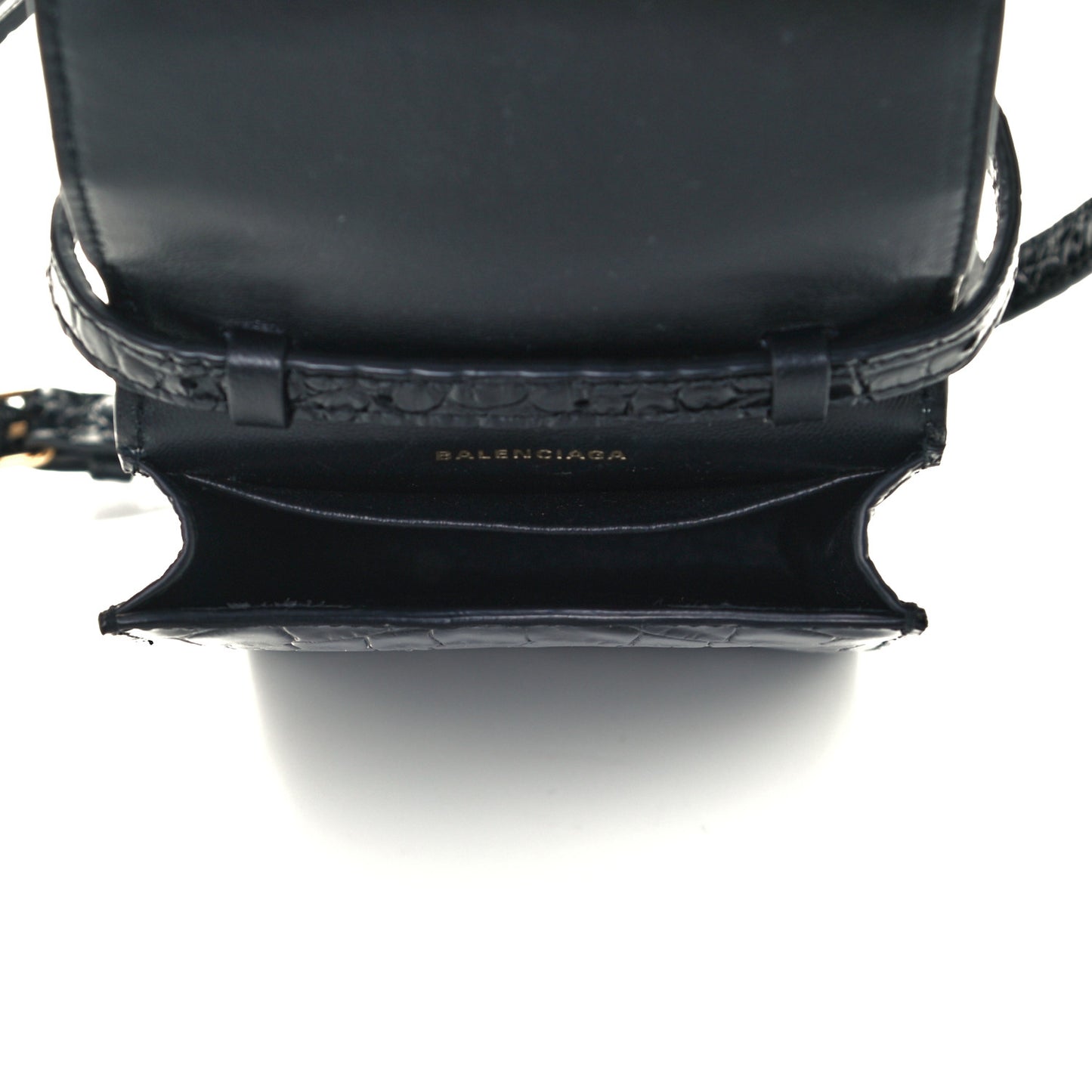 Shiny Calfskin Crocodile Embossed B Phone Holder Black