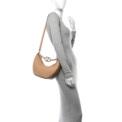 Grainy Calfskin Small Vlogo Moon Hobo Bag Cappuccino