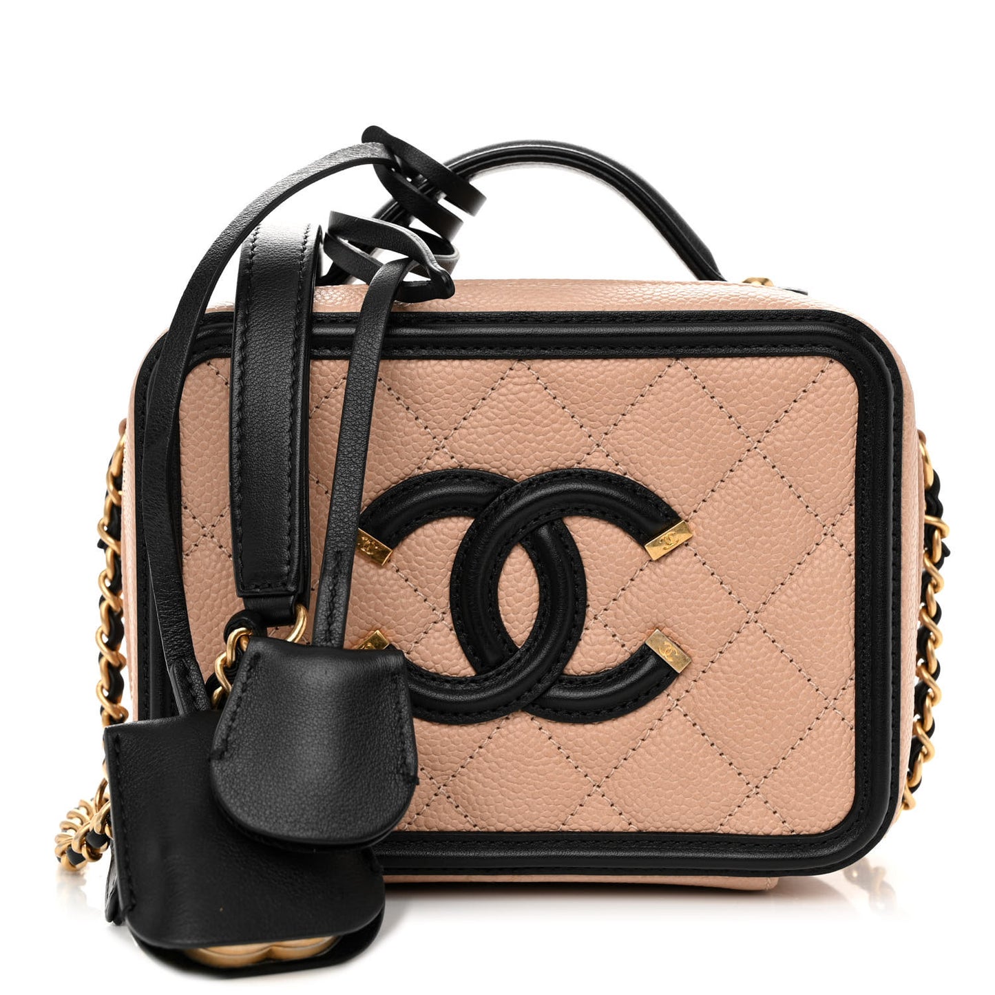 Caviar Quilted Small CC Filigree Vanity Case Beige Black