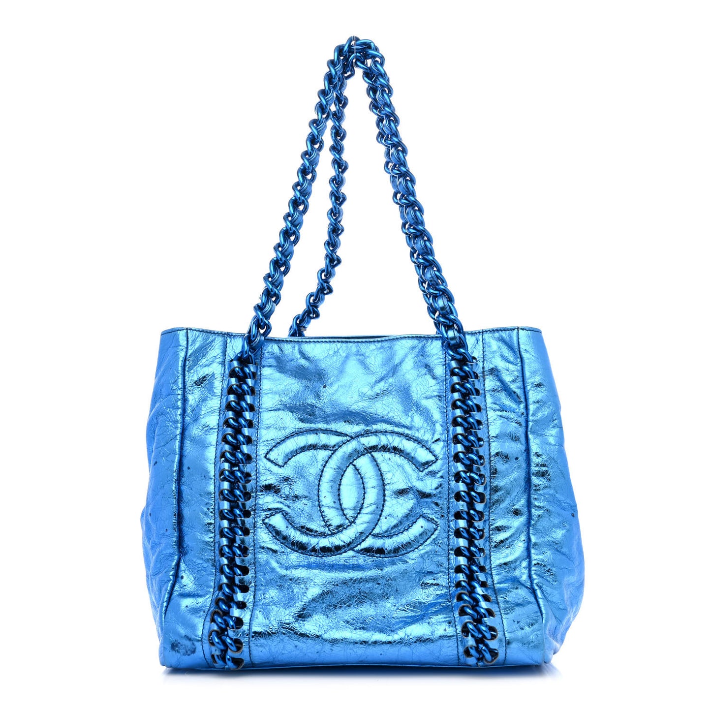 Metallic Cracked Calfskin Modern Chain Tote Blue