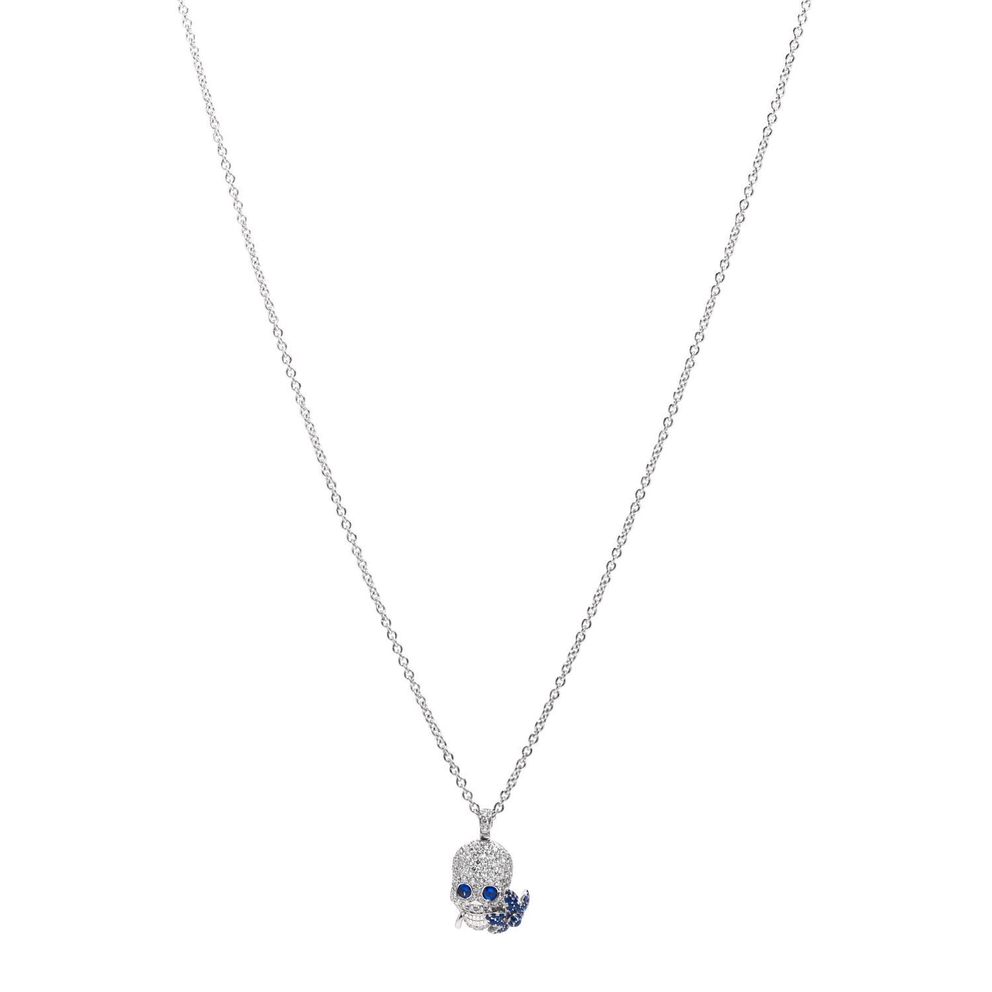 18K White Gold Diamond Blue Sapphire Skull Pendant Necklace