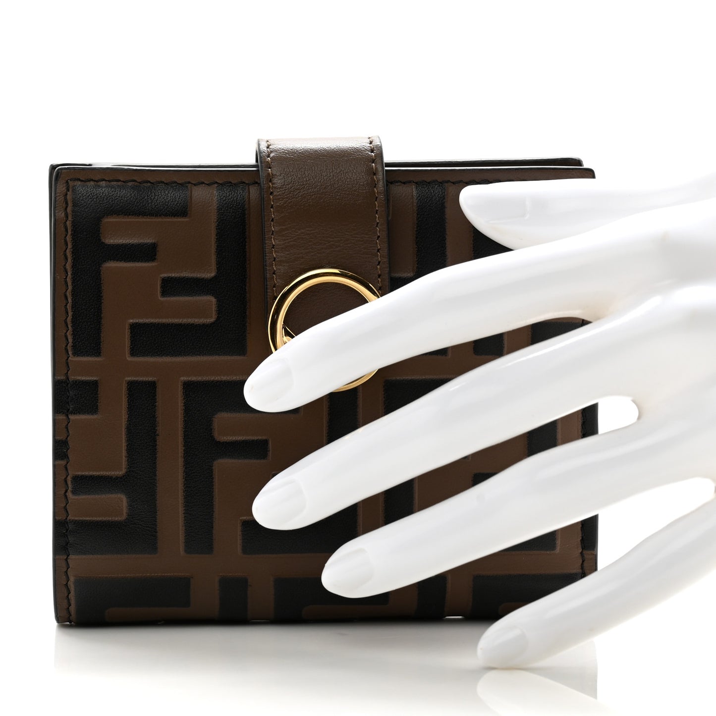 Vitello Soft F is Fendi Bi-Color FF 1974 Embossed Compact Wallet Maya Black