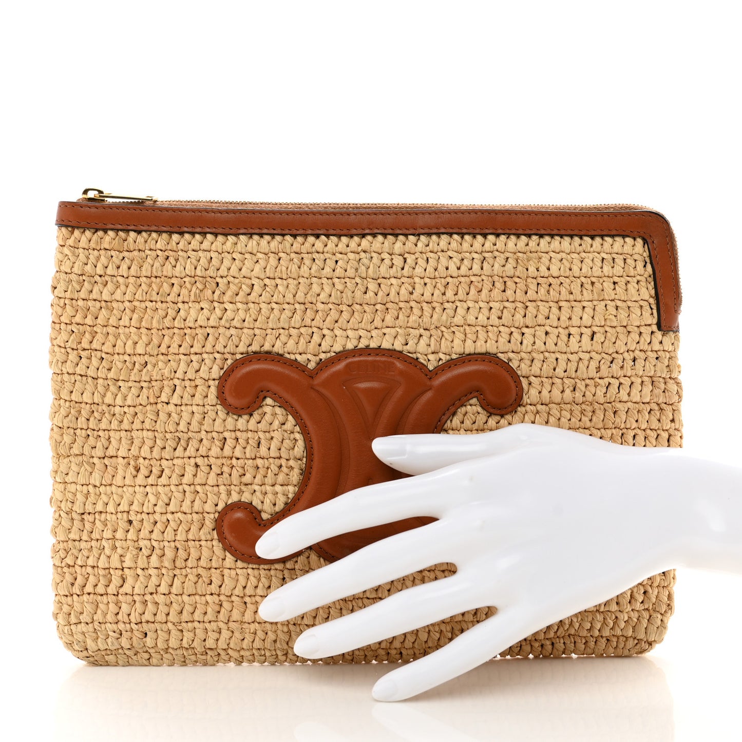 Raffia Calfskin Small Triomphe Pouch Tan