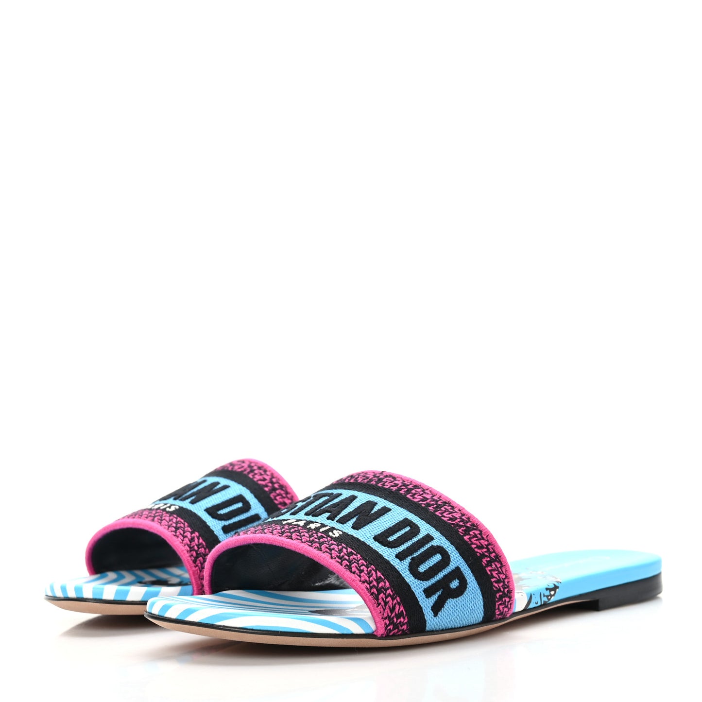 Canvas D-Jungle Pop Embroidered Dway Flat Slide Sandals 35.5 Bright Blue Pink Multicolor