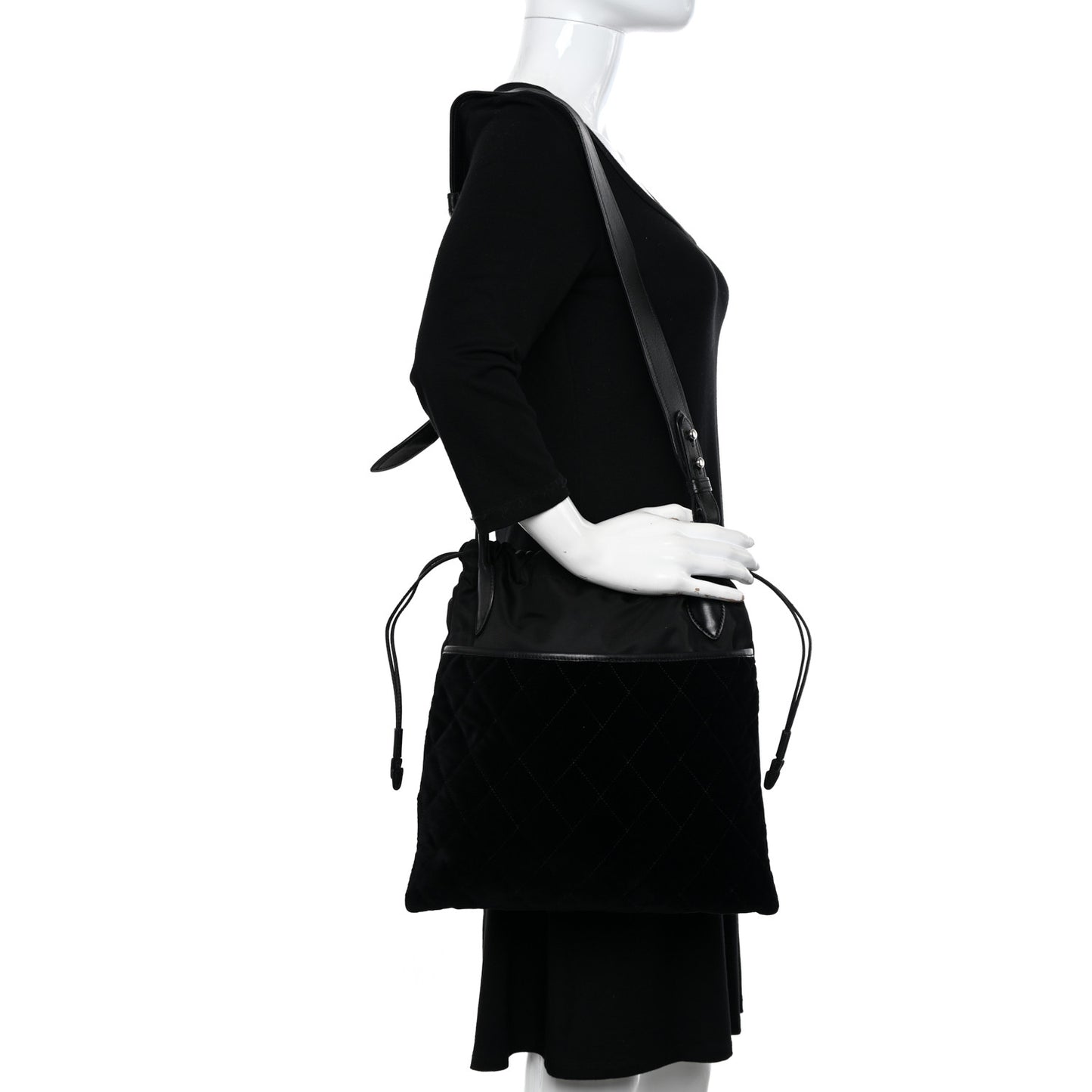 Tessuto Nylon Velluto Ricamo Small Drawstring Bag Black