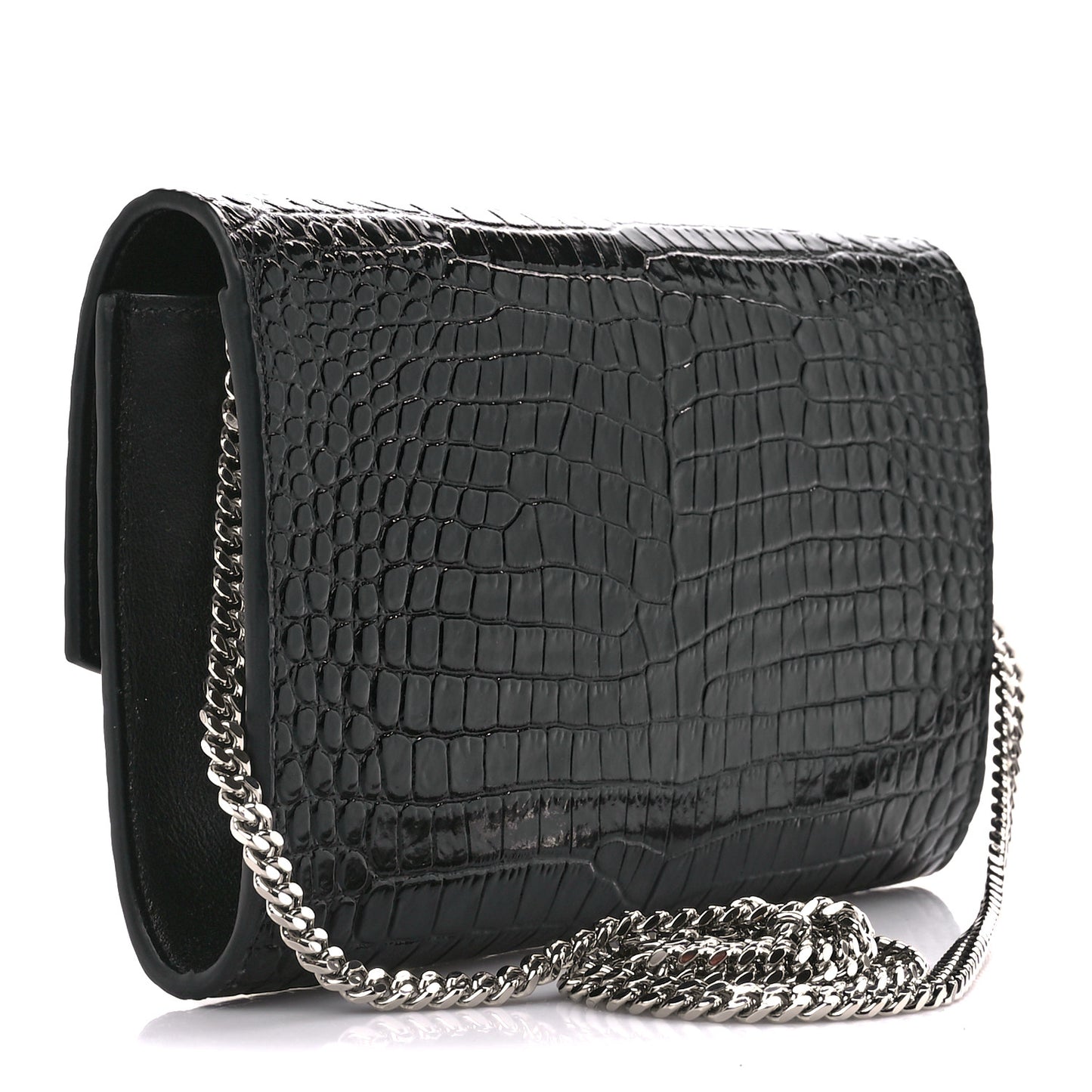 Calfskin Crocodile Embossed Monogram Uptown Chain Wallet Black