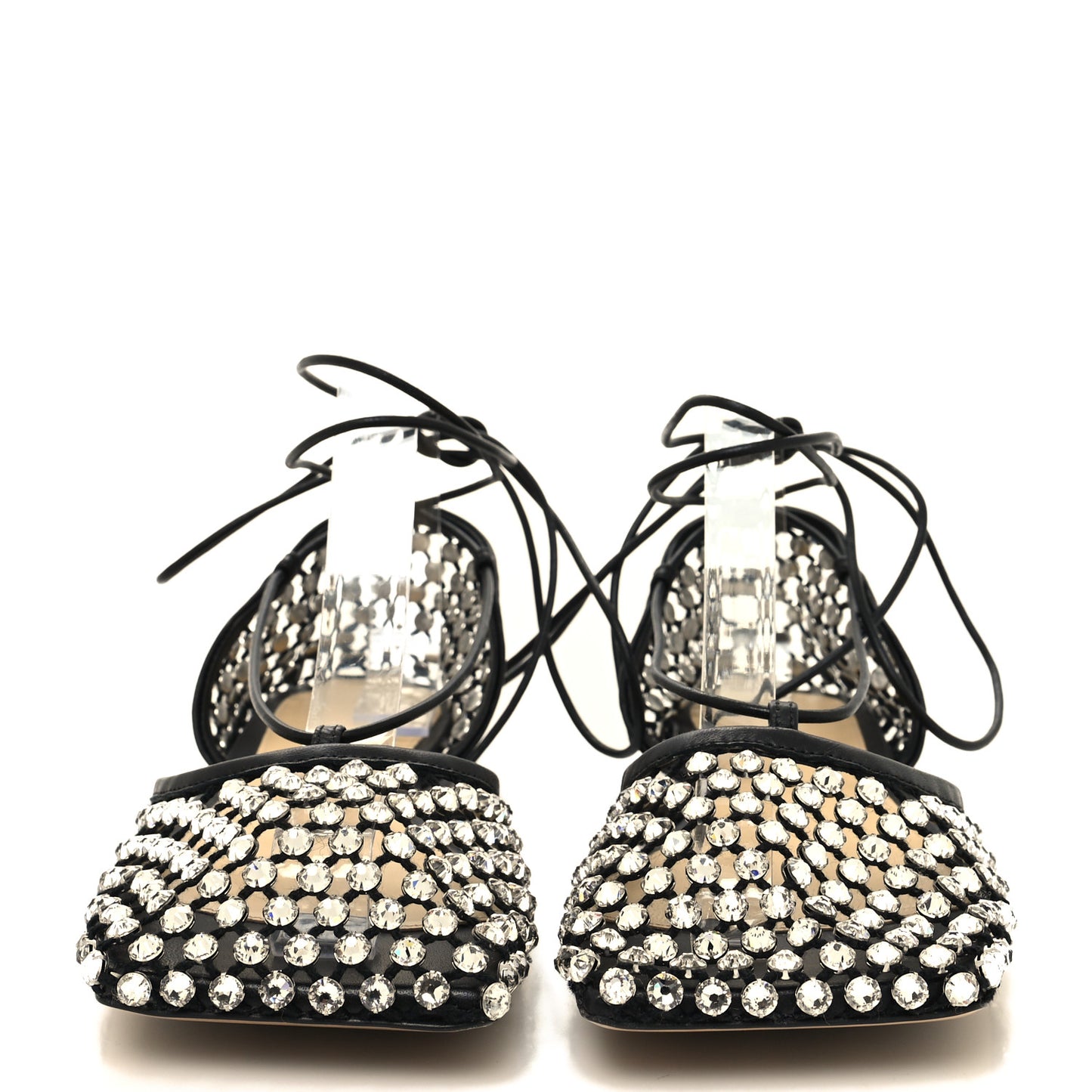 Mesh Nappa Crystal Embellished Sparkle Stretch Ankle Tie Flats 37 Black