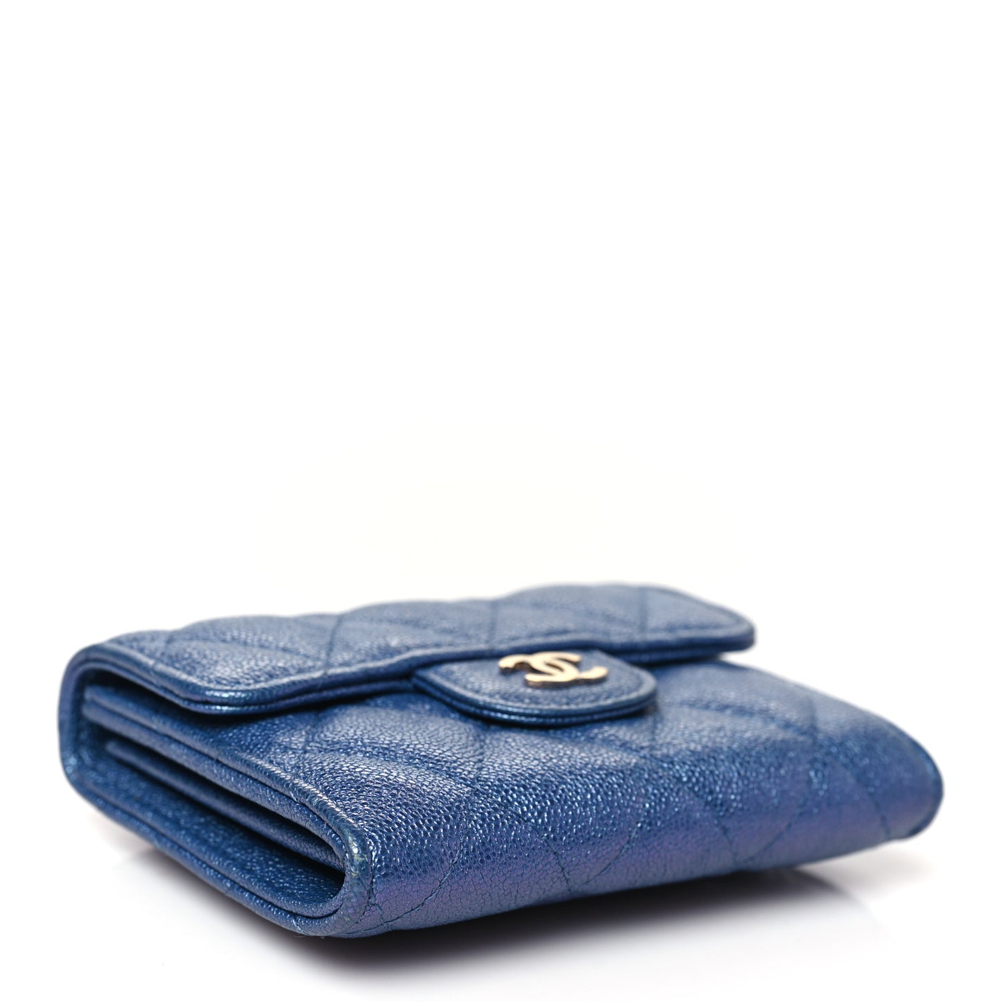 Iridescent Caviar Flap Quilted Card Holder Wallet Dark Blue