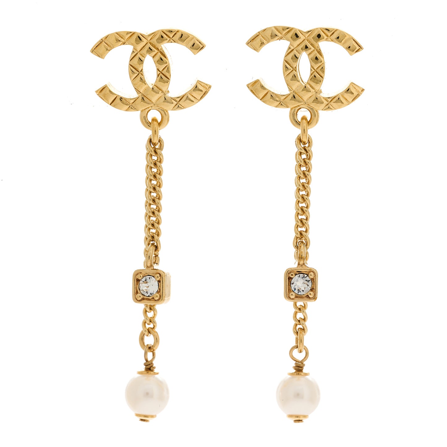 Crystal Pearl Quilted CC Chain Drop Earrings Gold