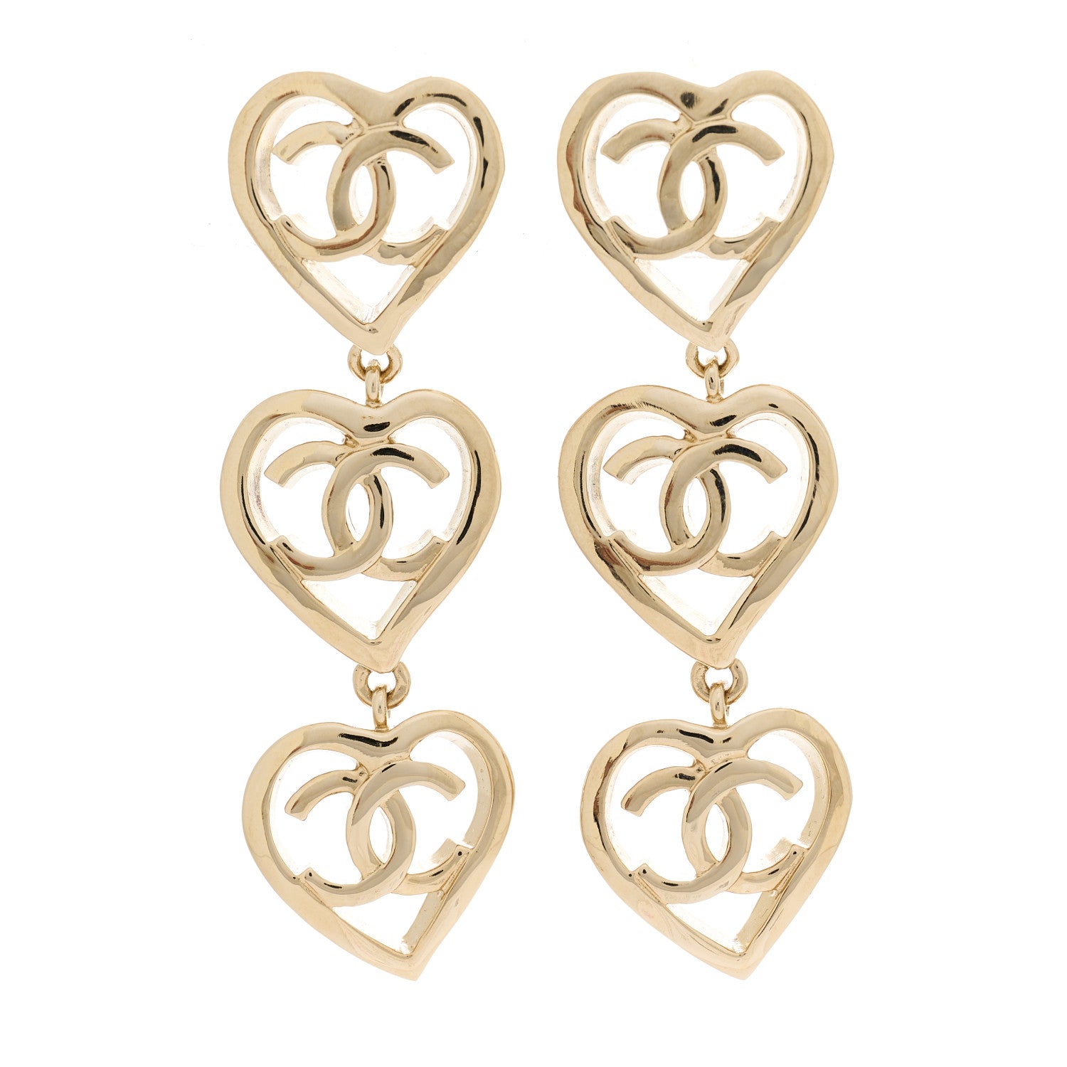 Chanel Metal CC Triple Heart Coco In Love Drop Earrings Gold 1480670 ...
