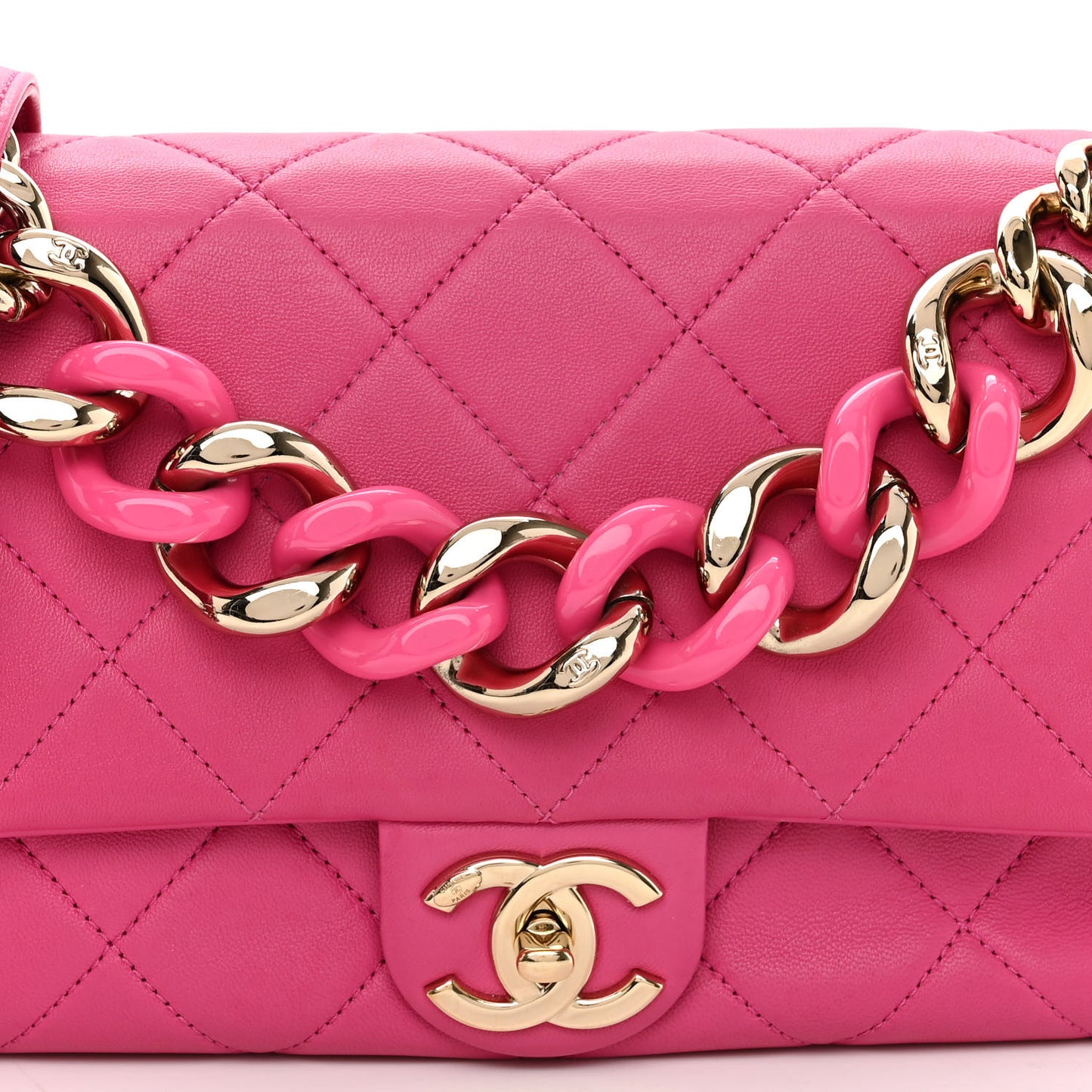Lambskin Quilted Resin Bi-Color Chain Flap Bag Pink