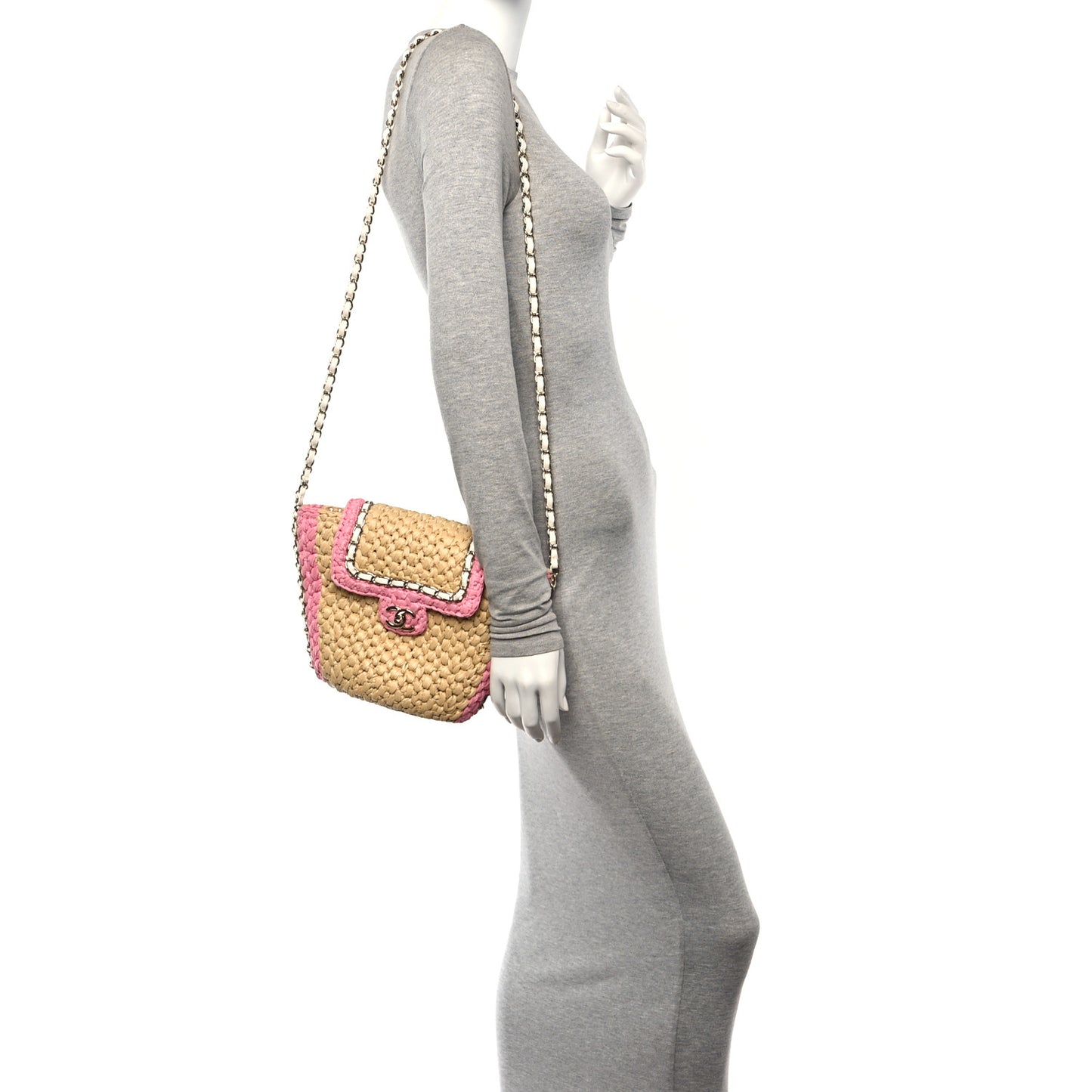 Raffia Chain Venice Beach Basket Flap Bag Beige Pink