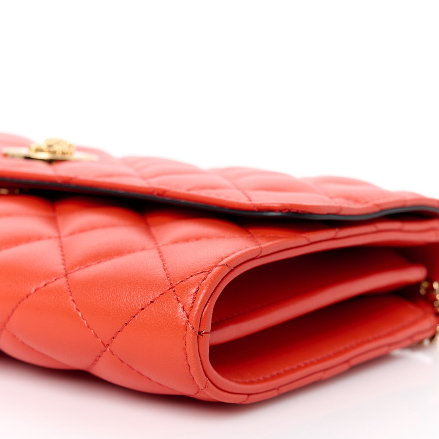 Lambskin Quilted Medusa Wallet on Chain Crossbody Coral