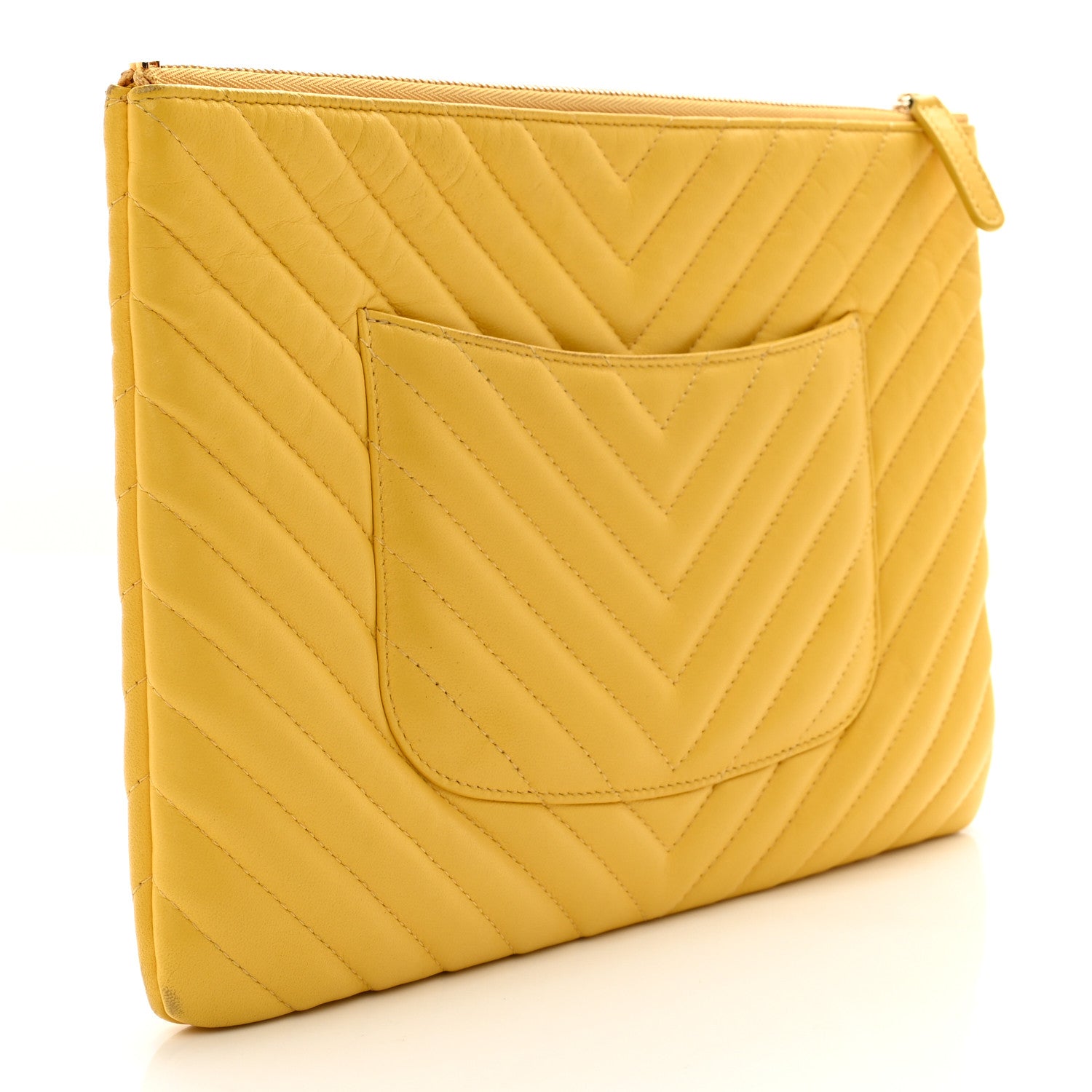 Chanel Lambskin Chevron Quilted Charms Medium Cosmetic Case Yellow 3 of 10