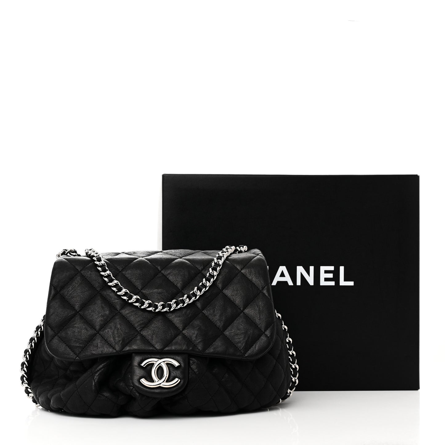 Washed Lambskin Quilted Large Chain Around Messenger Black