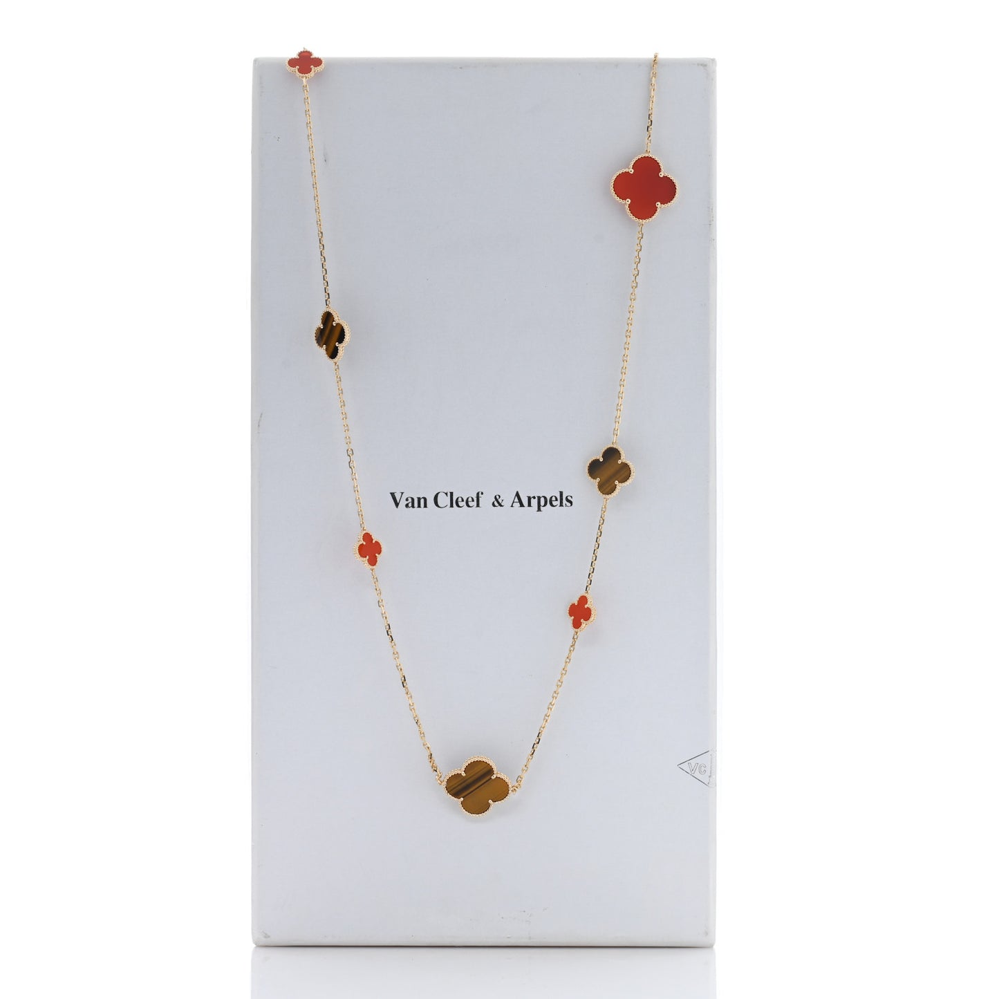 18K Yellow Gold Tiger Eye Carnelian 16 Motifs Magic Alhambra Necklace