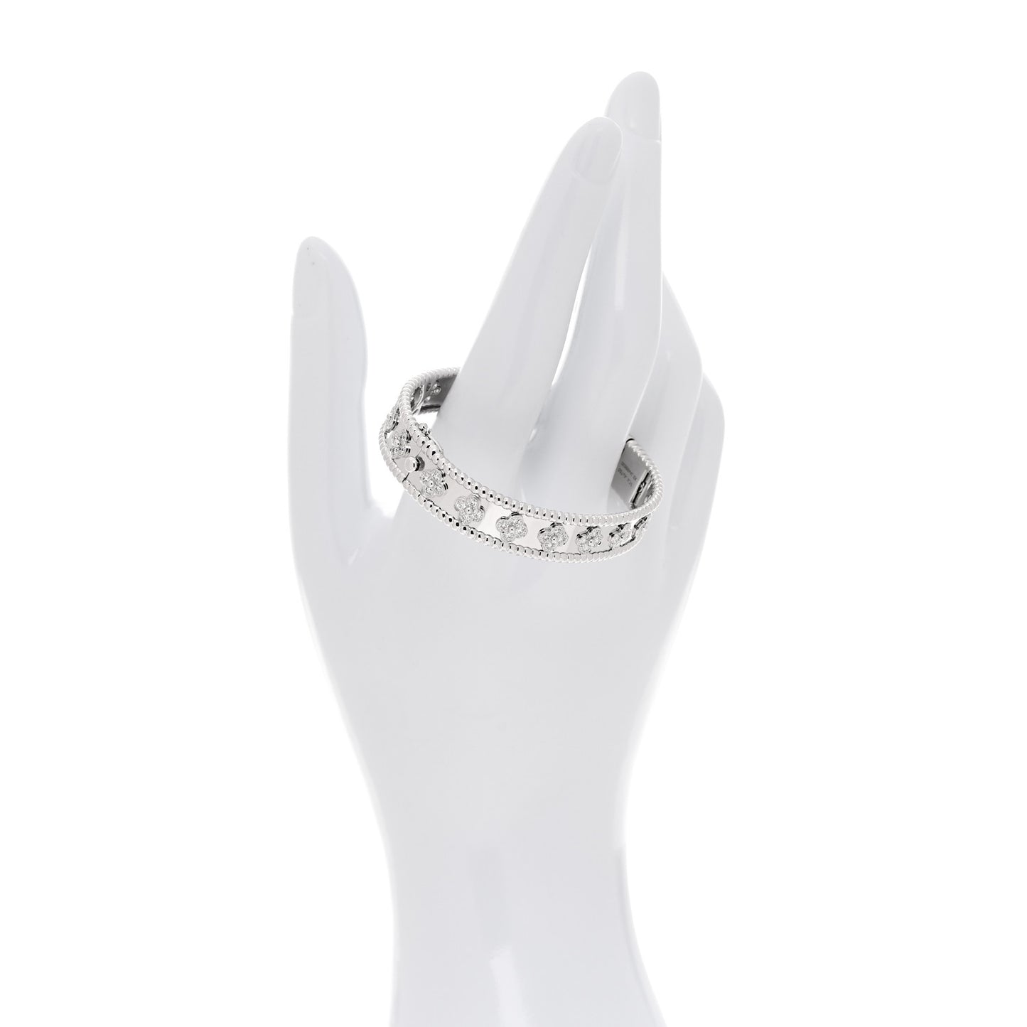 18K White Gold Diamond Perlee Clovers Bangle Bracelet XS