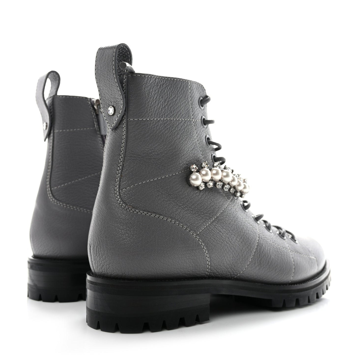 Grained Calfskin Crystal Embellished Cruz Combat Boots 37 Grey