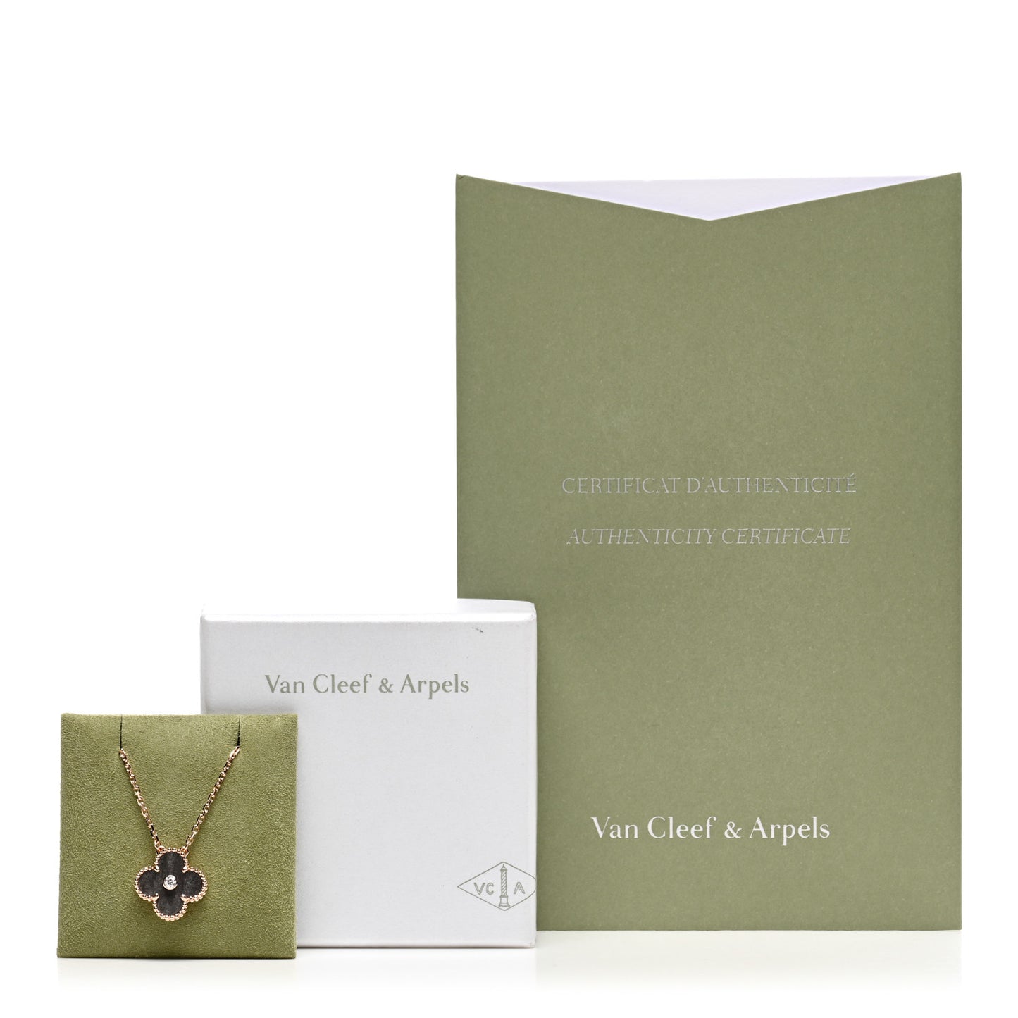 18K Rose Gold Diamond Silver Obsidian Vintage Alhambra Pendant Necklace