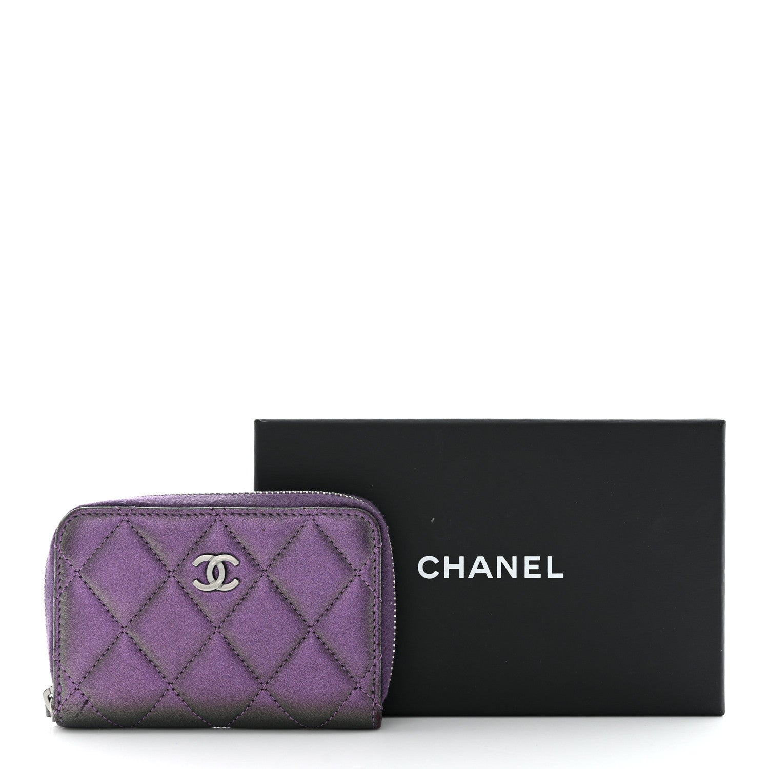 Chanel Metallic Lambskin Quilted Zip Around Coin Purse Wallet Purple 13 of 13