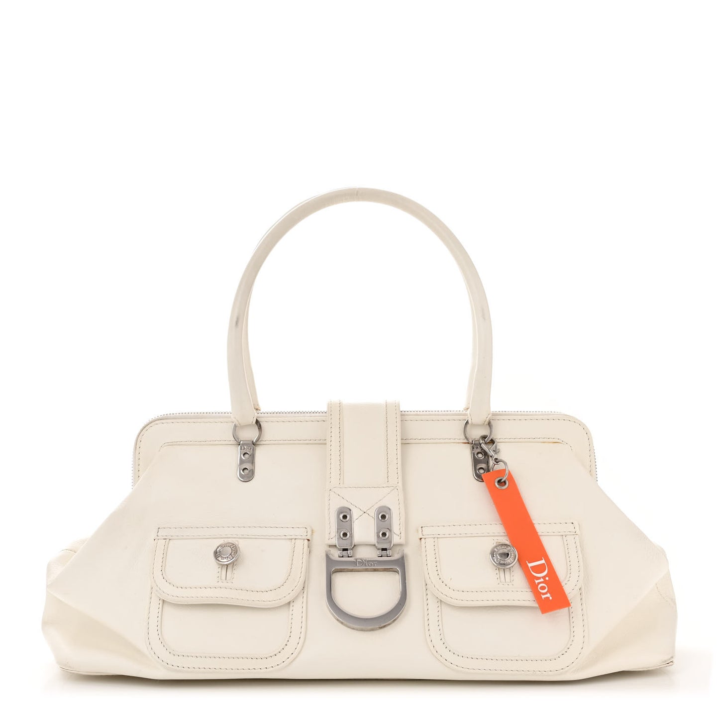 Calfskin Buckle Frame Satchel White
