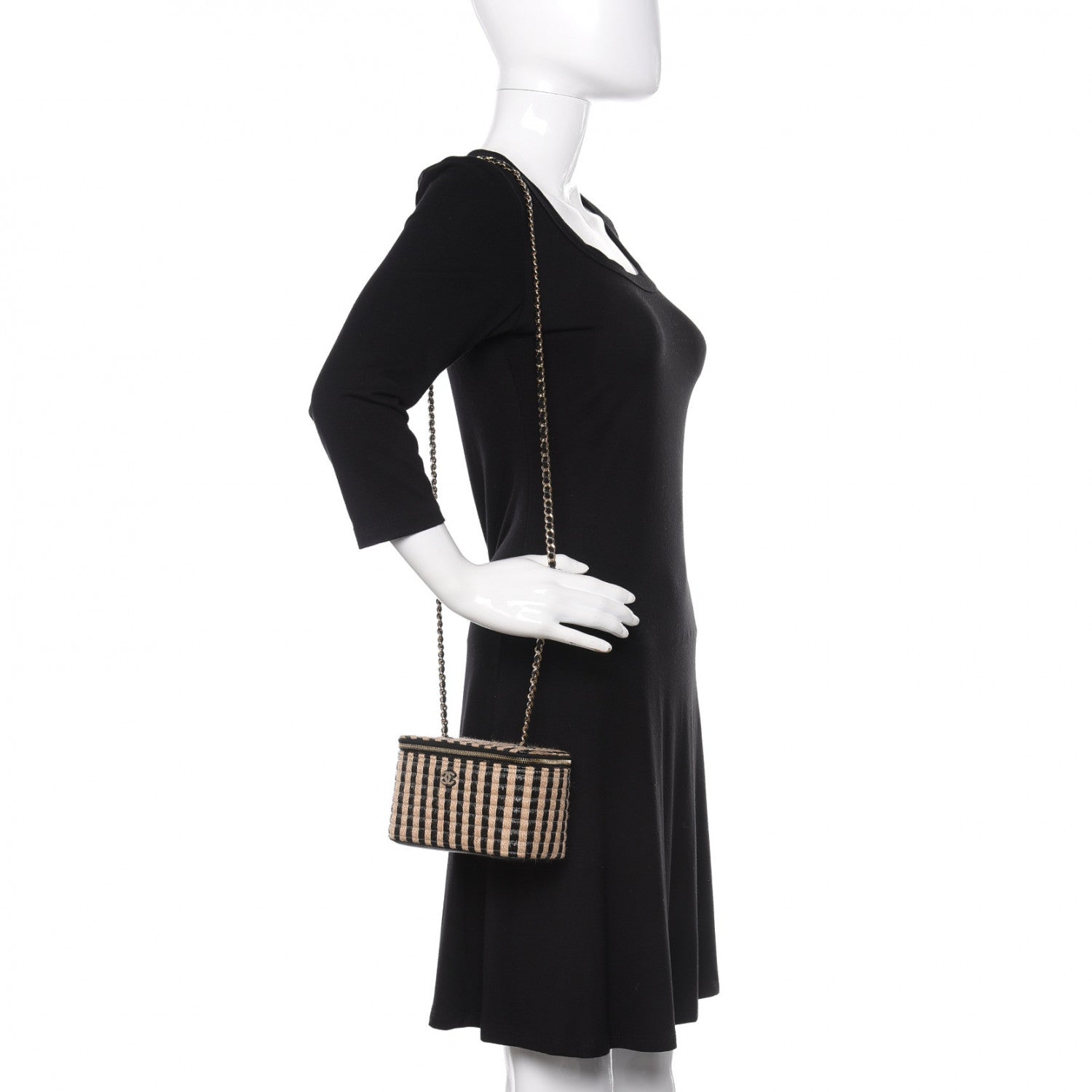 Chanel Raffia Jute Striped Small Vanity Case With Chain Black Beige 2 of 9