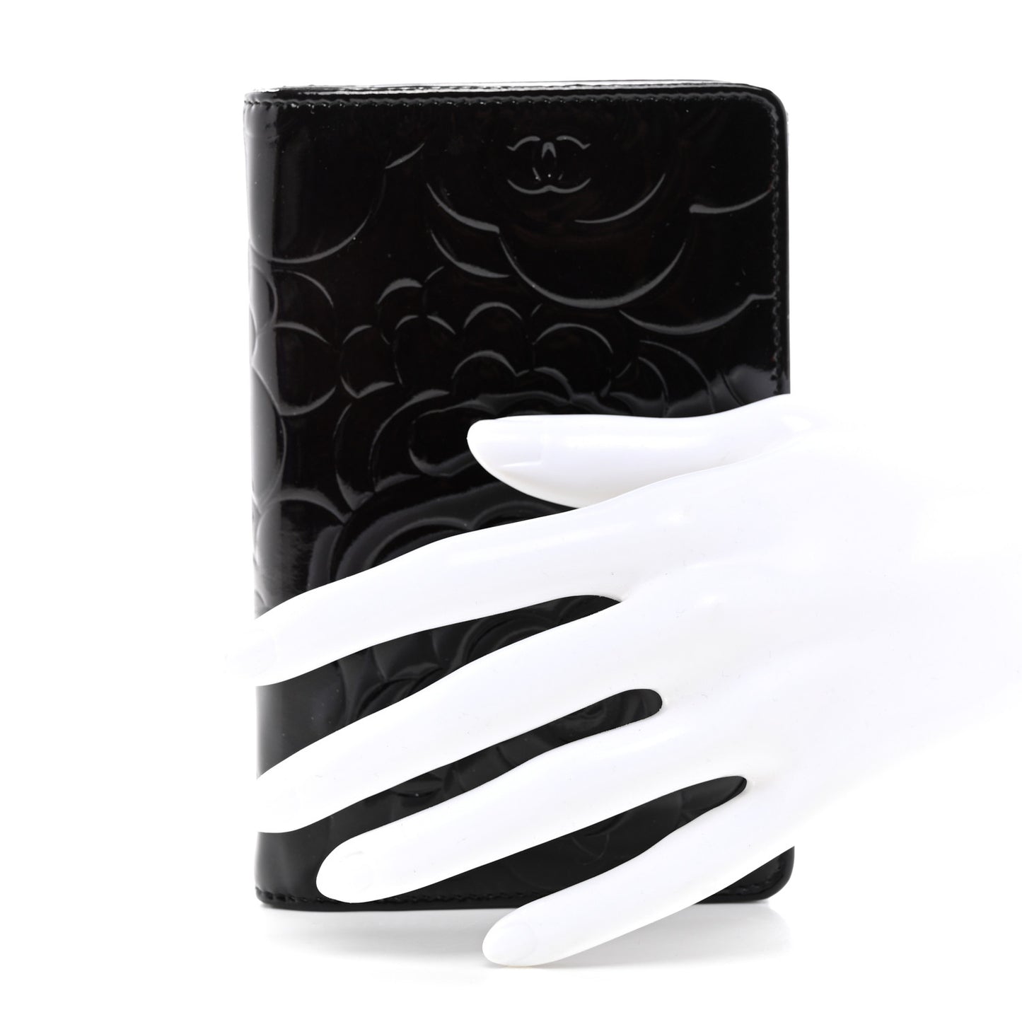 Patent Camellia Embossed Zipped Pocket Wallet Black
