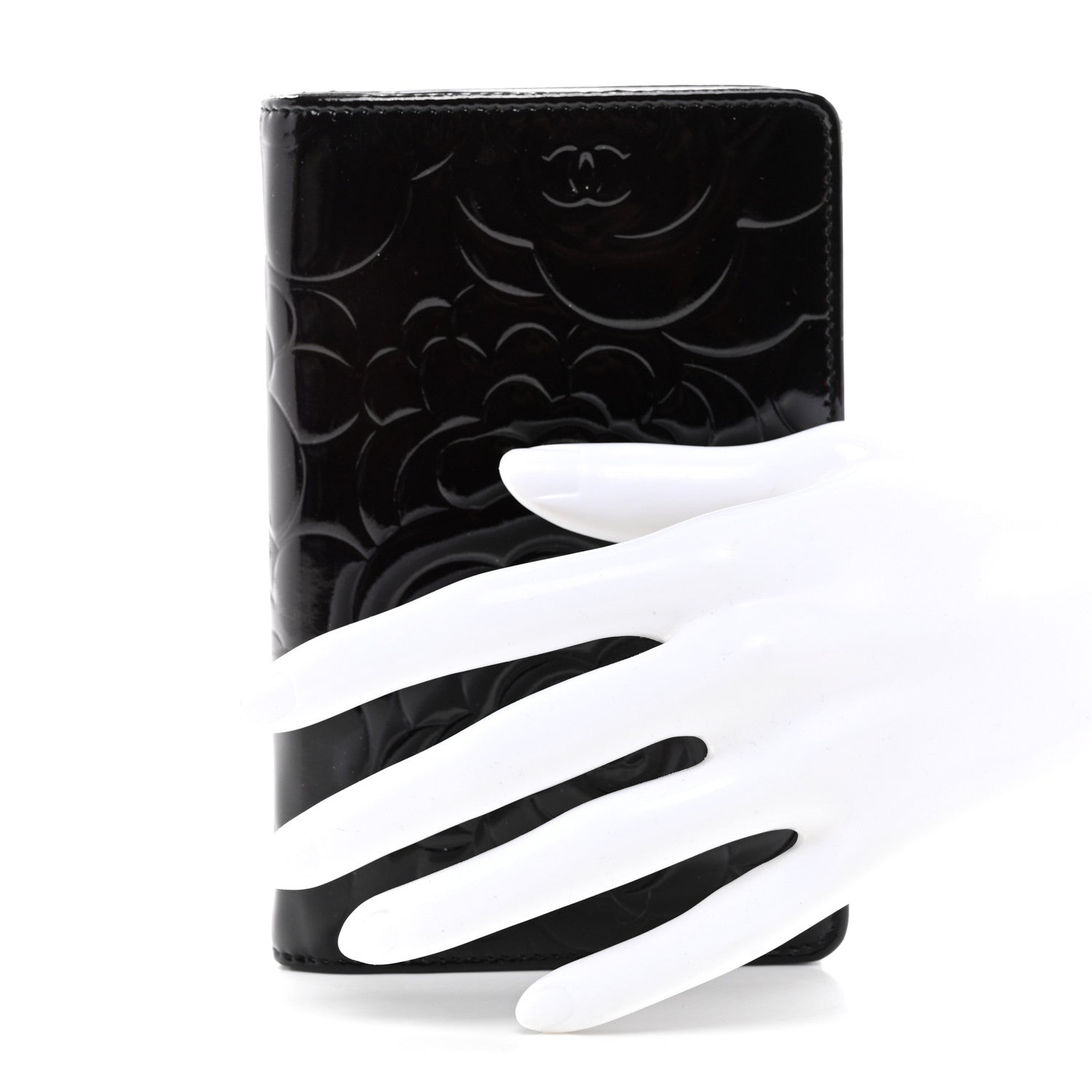 Chanel Patent Camellia Embossed Zipped Pocket Wallet Black 2 of 9