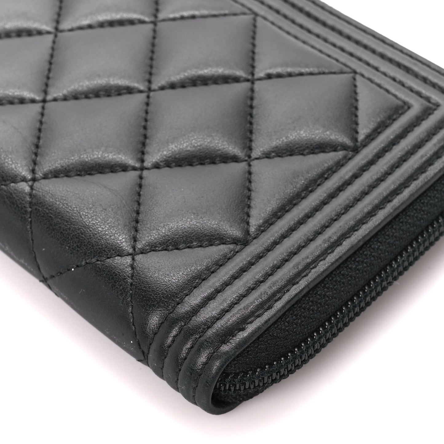 Lambskin Quilted Boy Long Zip Around Wallet Black