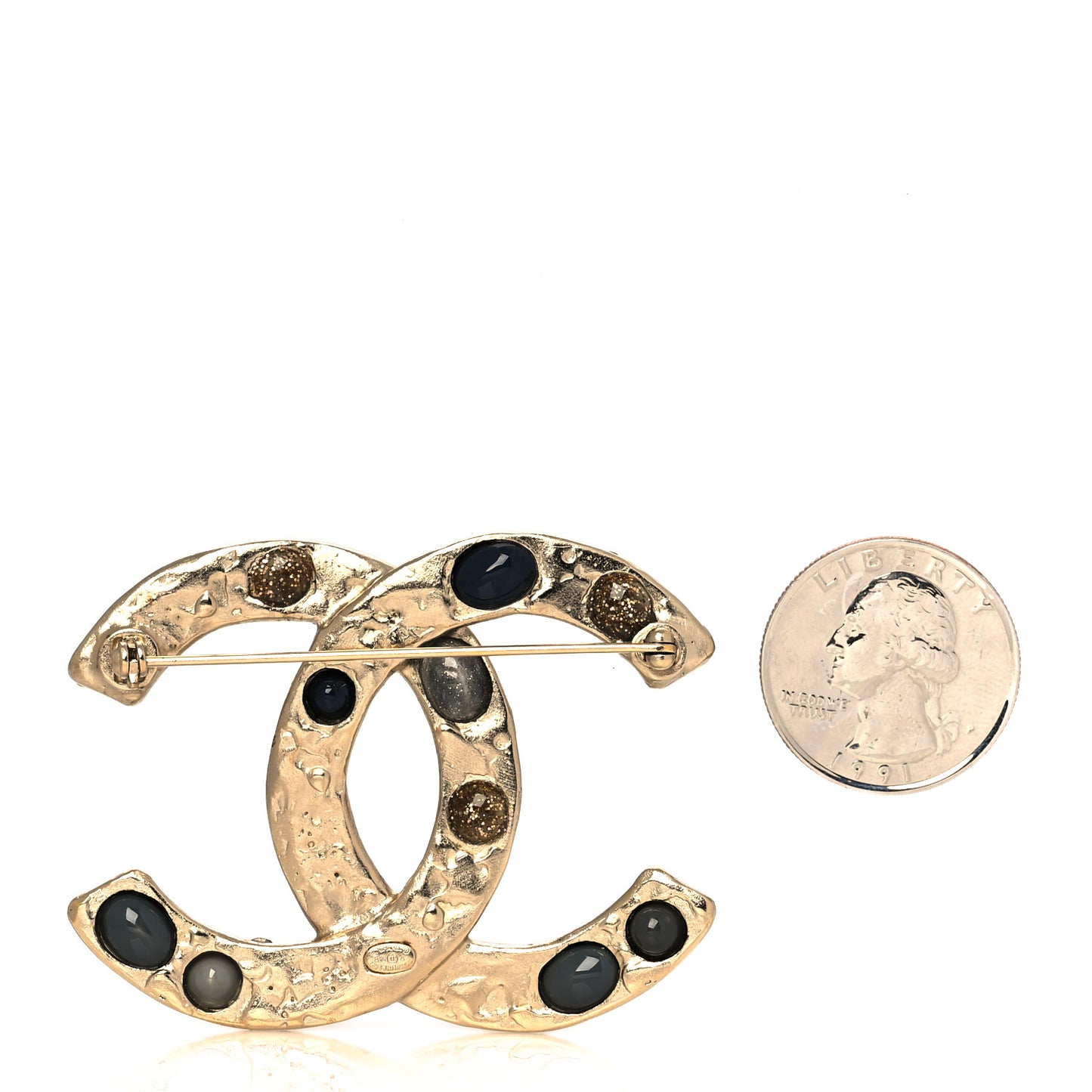 Metal Resin Crystal CC Brooch Gold