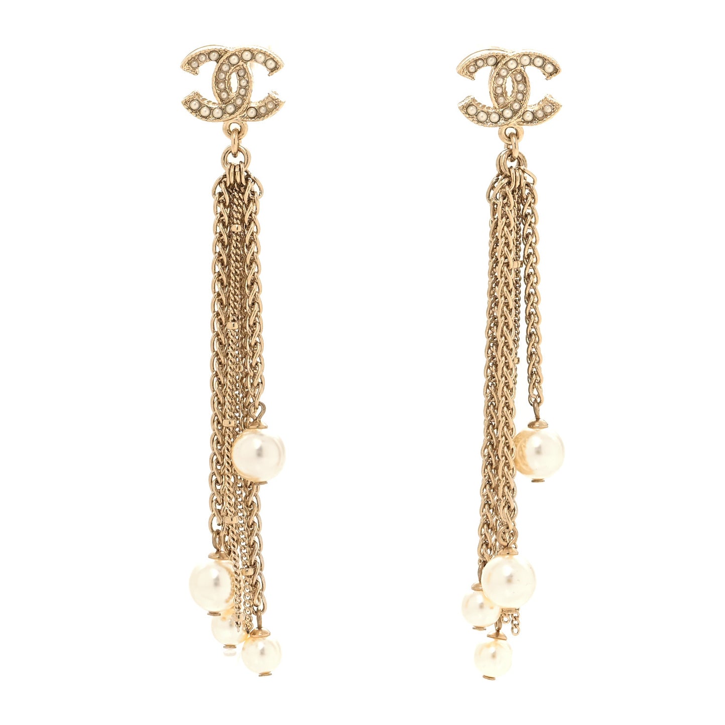 Pearl Chain CC Dangle Earrings Gold