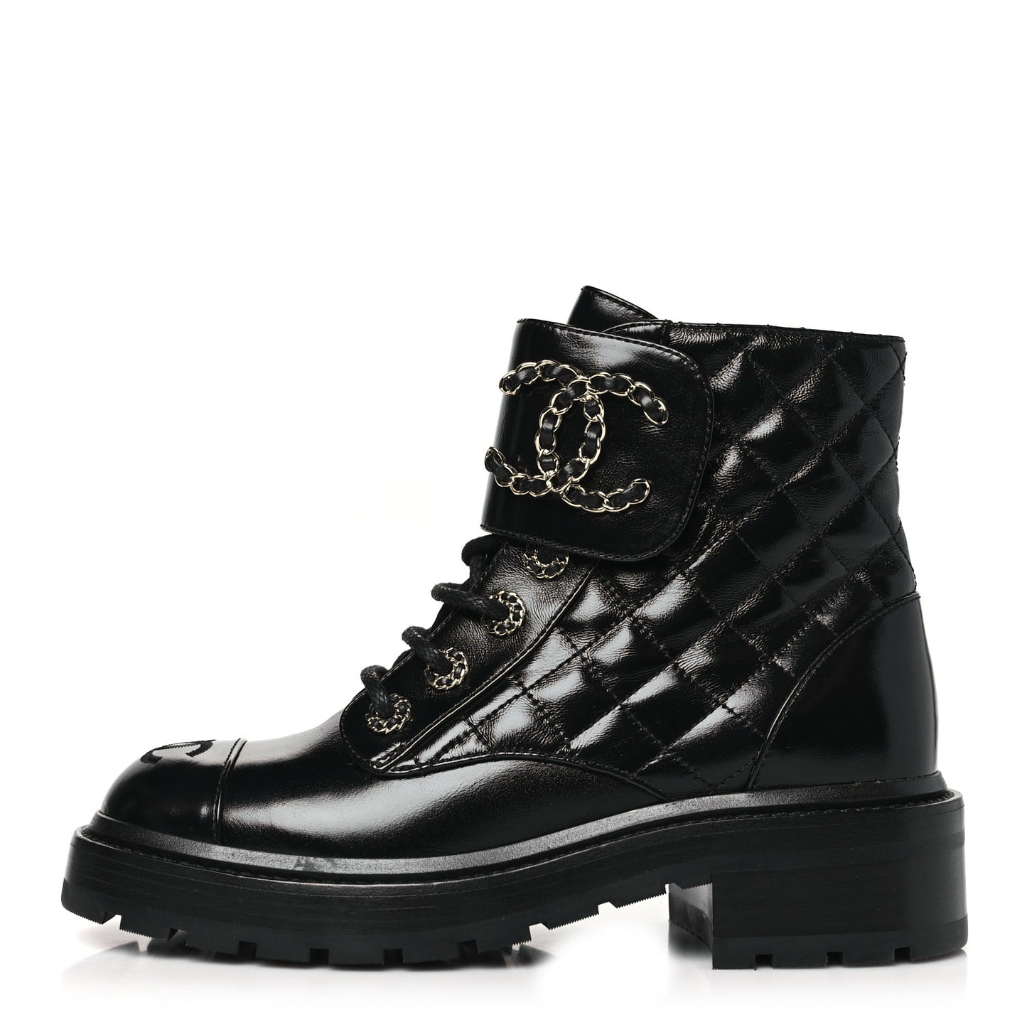 Shiny Goatskin Calfskin Quilted Lace Up Combat Boots 36 Black