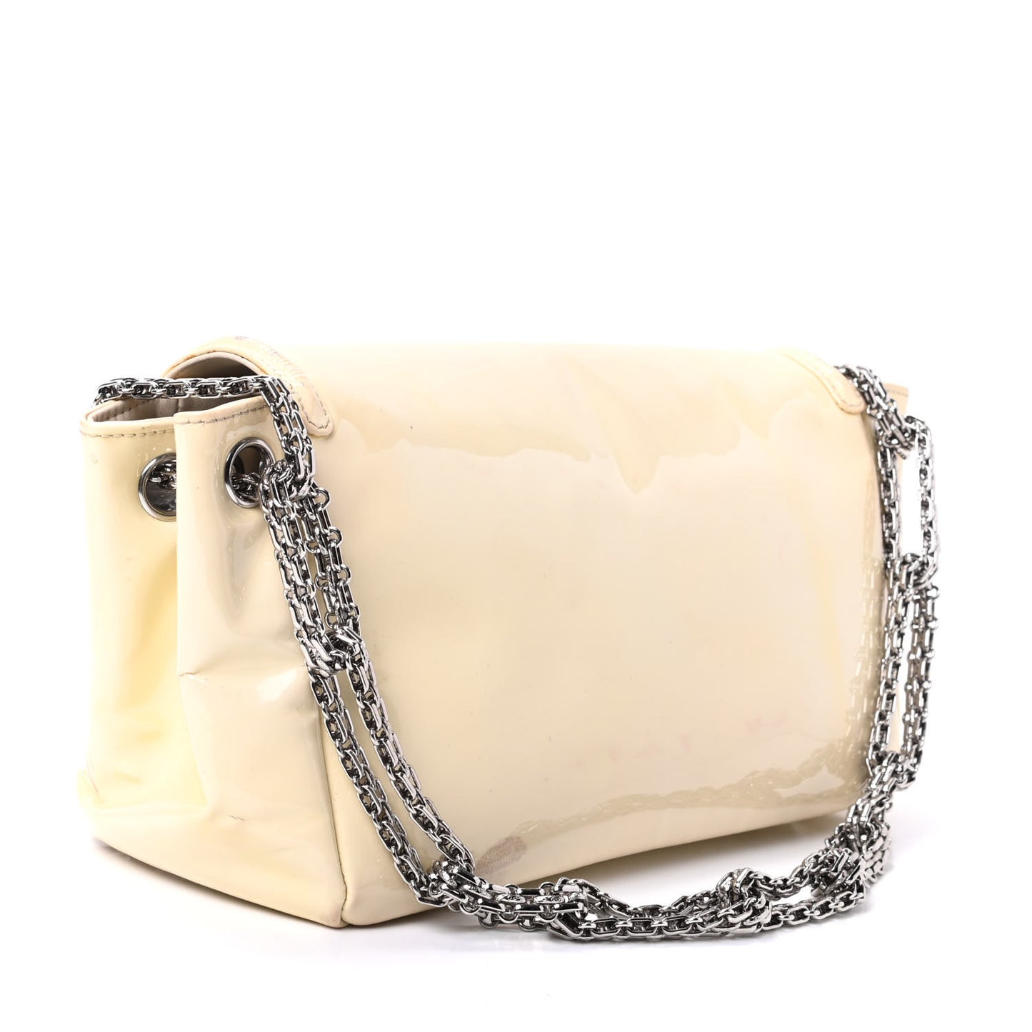 Patent Calfskin Mademoiselle Lock Bijoux Chain Flap Beige