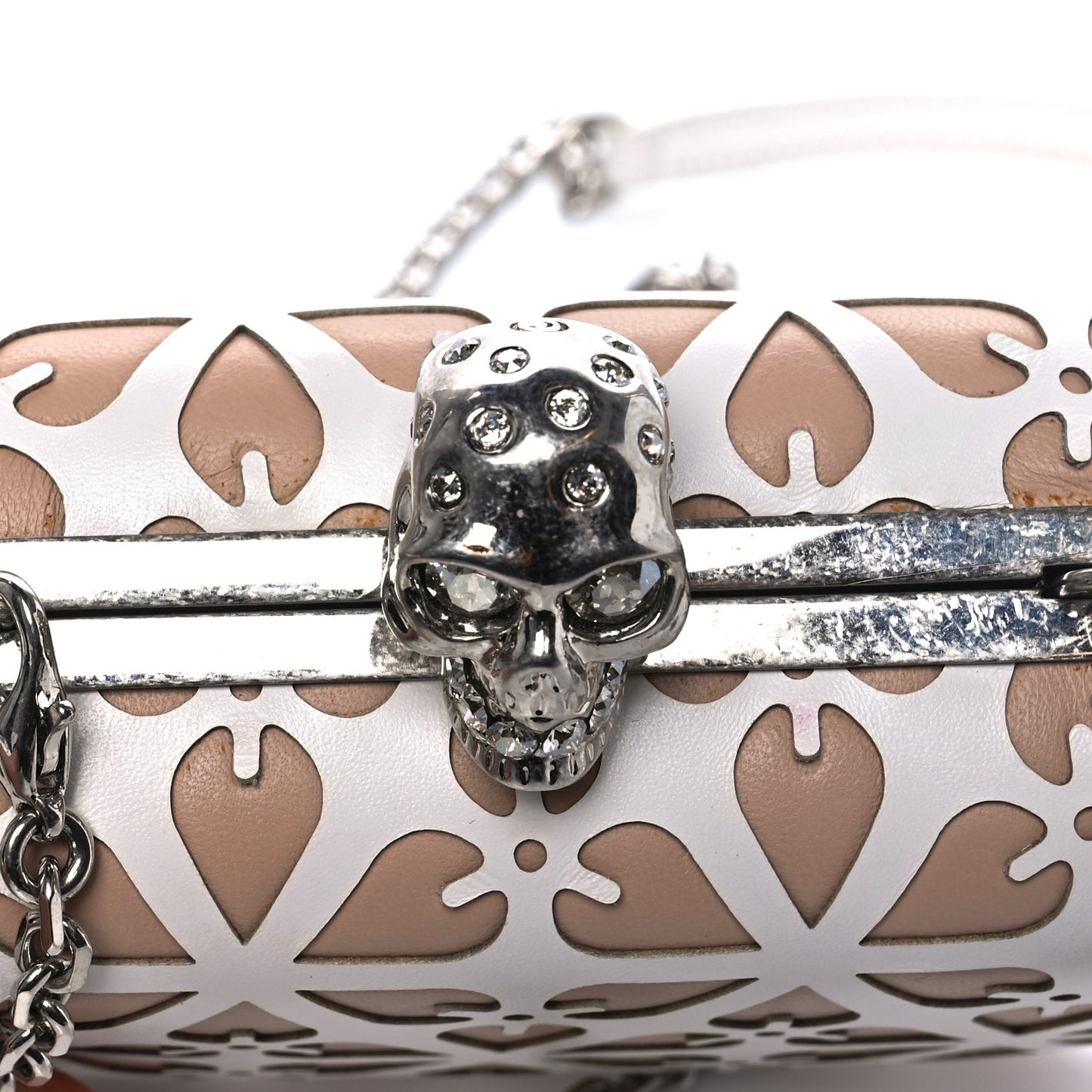 Nappa Laser-Cut Skull Box Chain Clutch Nude White
