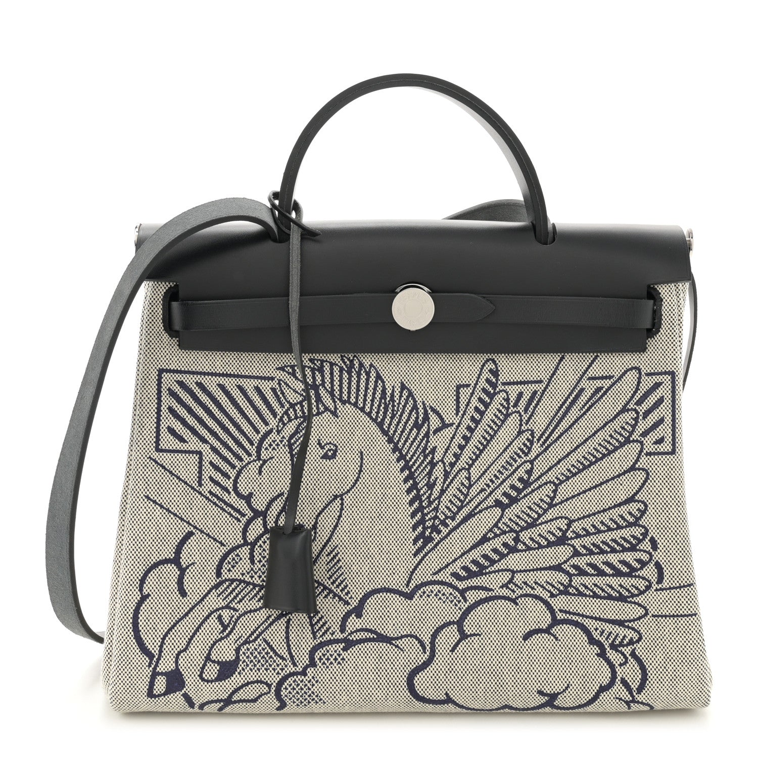 Hermes Vache Hunter Toile H Pegase Pop Herbag Zip Retourne 31 PM Bleu Indigo Ecru Black 1 of 14