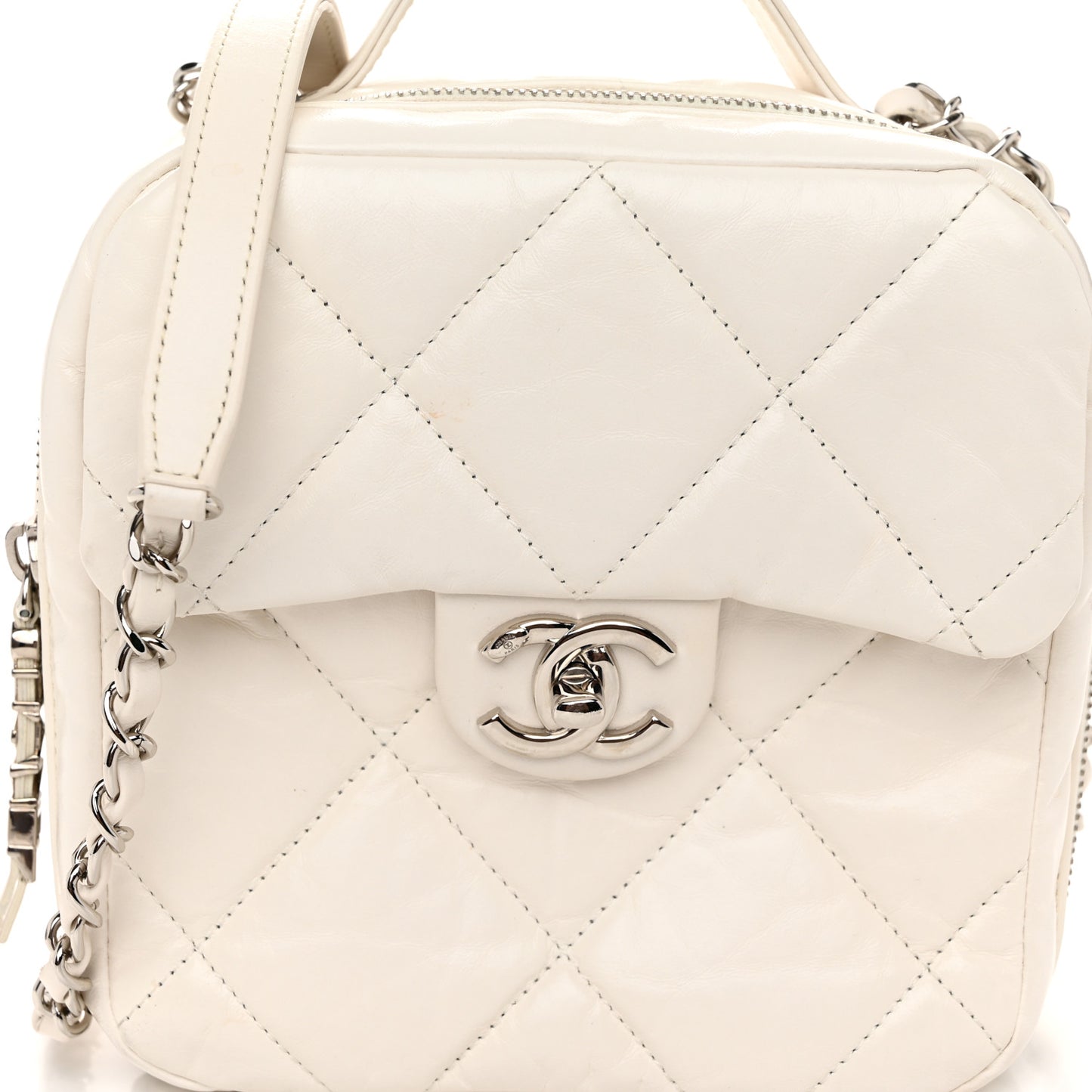 Aged Calfskin Quilted Top Handle Camera Case White