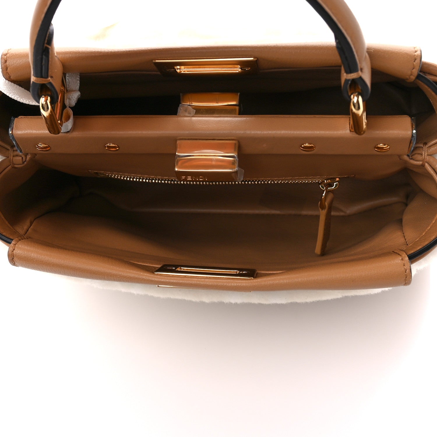 Fendi Shearling Nappa Macro FF 1974 Mini Peekaboo Iconic Satchel White Ice Cuoio Miele Scuro 5 of 11