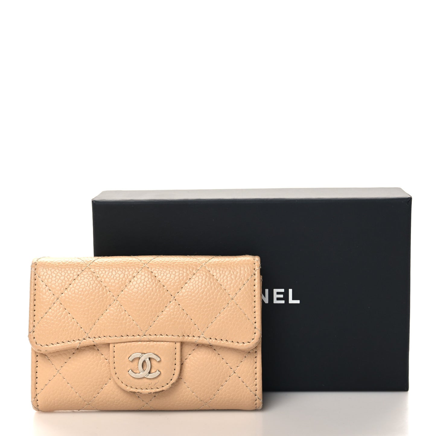 Caviar Quilted Flap Card Holder Wallet Beige
