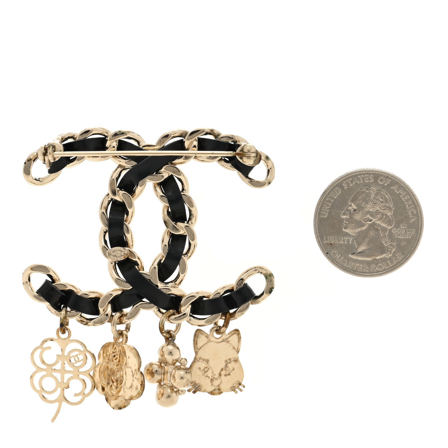 Lambskin Crystal Chain CC Charms Brooch Black Gold
