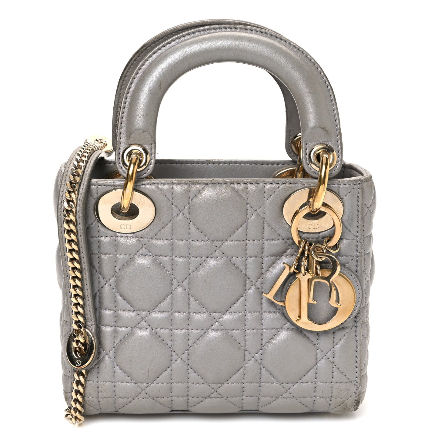 Metallic Lambskin Cannage Mini Lady Dior Grey